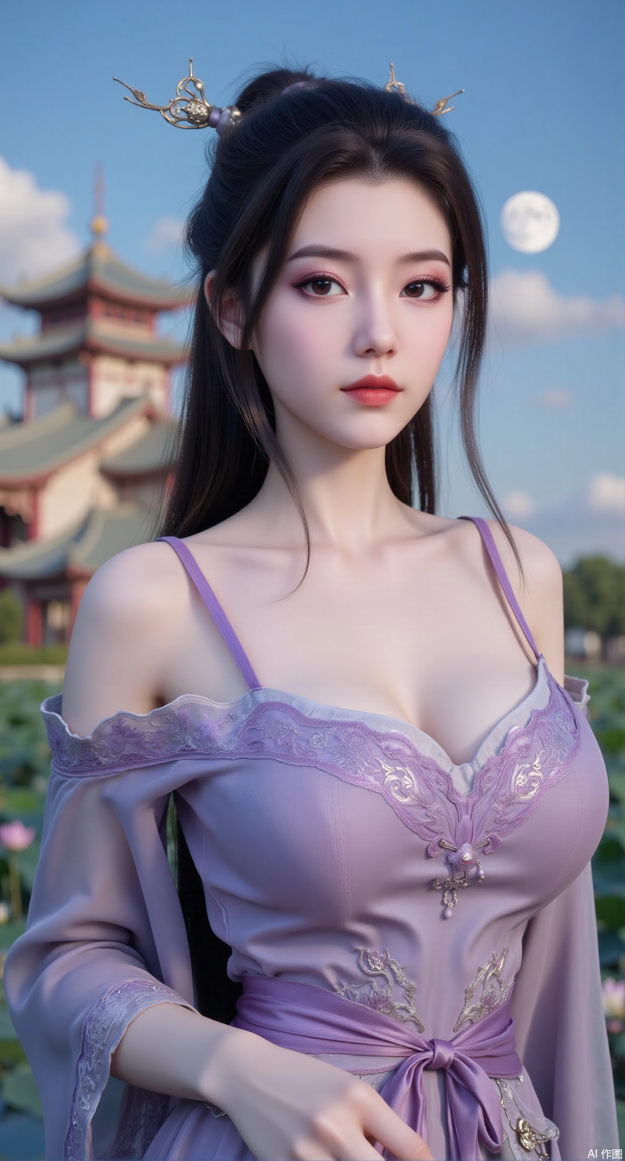 (masterpiece, best quality:1.2),1girl, navel, solo, midriff, bare shoulders, hair ornament,(long hair),(High double ponytail:1.49), red lips,
BREAK, (looking at viewer:1.39), chinese clothes,(Holographic purple|green dress:1.36), (lace:1.28),
BREAK,blurry, solo focus, long hair, lips, daytime, lipstick, outdoors, standing,upper body,(huge breasts:2.99), (full breasts:2.99),background, solo, makeup,Xyunxiao,(Lotus,Water Lily,Blue sky,full moon:1.39),(Lotus pond,ancient Chinese architecture:1.39)