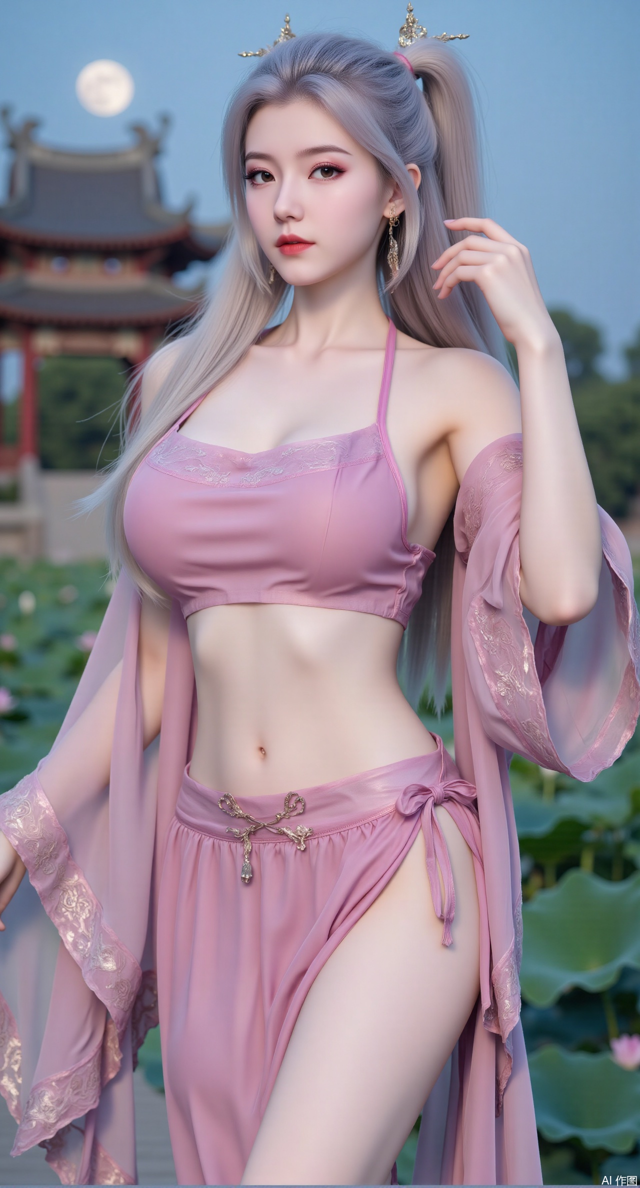 sfw,(masterpiece, best quality:1.2),1girl, navel, solo, midriff, bare shoulders, hair ornament,(long hair),(High double ponytail:1.49), red lips,
BREAK, (looking at viewer:1.39), chinese clothes,(Holographic pink|green dress:1.36), (lace:1.38),
BREAK,blurry, solo focus, long hair, lips, daytime, lipstick, outdoors, standing,upper body,(huge breasts:2.99), (full breasts:2.99),background, solo, makeup,Xyunxiao,(Lotus,Water Lily,Blue sky,full moon:1.39),(Lotus pond,ancient Chinese architecture:1.39)