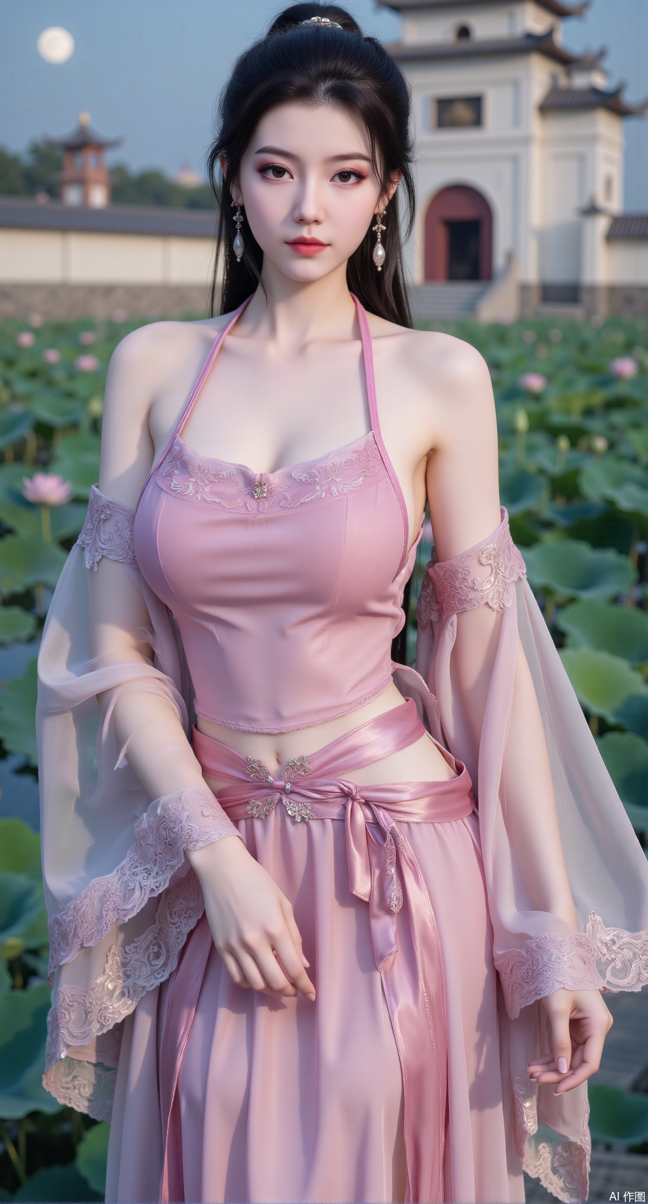 sfw,(masterpiece, best quality:1.2),1girl, navel, solo, midriff, bare shoulders, hair ornament,(long hair),(High double ponytail:1.49), red lips,
BREAK, (looking at viewer:1.39), chinese clothes,(Holographic pink|green dress:1.36), (lace long dress:1.38),
BREAK,blurry, solo focus, long hair, lips, daytime, lipstick, outdoors, standing,upper body,(huge breasts:2.99), (full breasts:2.99),background, solo, makeup,Xyunxiao,(Lotus,Water Lily,Blue sky,full moon:1.39),(Lotus pond,ancient Chinese architecture:1.39)