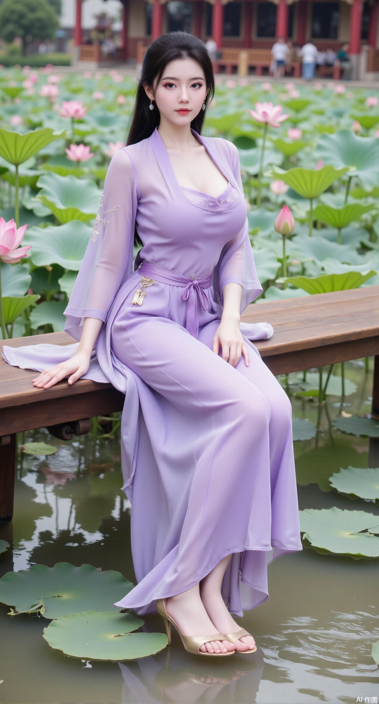 (masterpiece:1.2),best quality,The image is a digital illustration of a young woman sitting on a wooden bench in a pond with lily pads. She is wearing a light purple long dress with design on the chest and sleeves. The dress has a high neckline and short sleeves,Holding a lotus in hand. She has long dark hair styled in loose waves and is wearing gold high heels. The woman is posing with one hand on her hip and the other resting on the edge of the bench. The background is filled with pink and white lotus flowers and green leaves. The overall mood of the image is peaceful and serene,(huge breasts:2.99),(full breasts:2.99),(Background with traditional Chinese architecture, lotus pond and pink lotus flowers:1.39),XliumeiYK,XlishaoyingXK,XyunxiaoYK,XxiaobaiYK