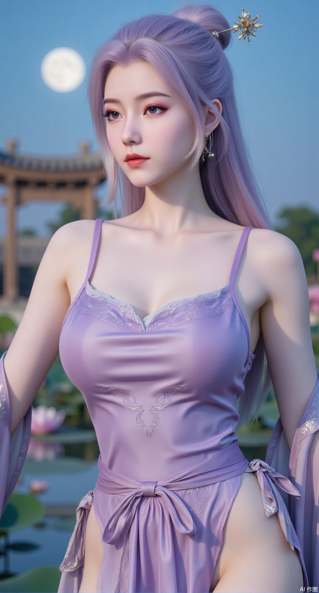 (masterpiece, best quality:1.2),1girl, navel, solo, midriff, bare shoulders, hair ornament,(long hair),(High double ponytail:1.49), red lips,
BREAK, (looking at viewer:1.39), chinese clothes,(Holographic purple|green dress:1.36), (lace:1.28),
BREAK,blurry, solo focus, long hair, lips, daytime, lipstick, outdoors, standing,upper body,(huge breasts:2.99), (full breasts:2.99),background, solo, makeup,Xyunxiao,(Lotus,Water Lily,Blue sky,full moon:1.39),(Lotus pond,ancient Chinese architecture:1.39)