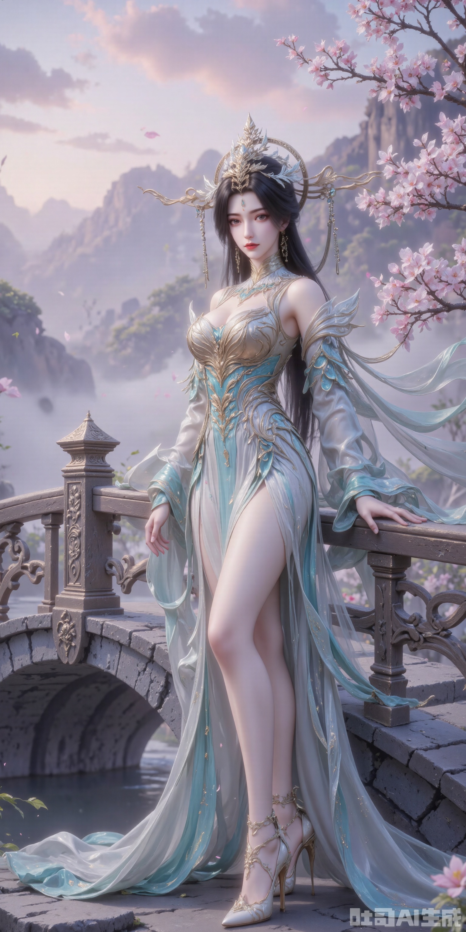 A woman in a Qing Dynasty-style Hanfu is captured from a low angle, leaning against an ancient stone bridge as the morning light filters through the mist. The background is a soft blend of pink and purple hues from the dawn sky, contrasting with the  tones of her clothing. The mist adds a sense of depth and mystery to the scene. Her posture is elegant and poised, with her hand gently resting on the bridge railing. The natural light highlights the delicate features of her face and the intricate patterns of her Hanfu. The atmosphere is one of peaceful solitude and connection to nature..,huaxiangr,embossed high heels,plns_high heels, green dress,black hair