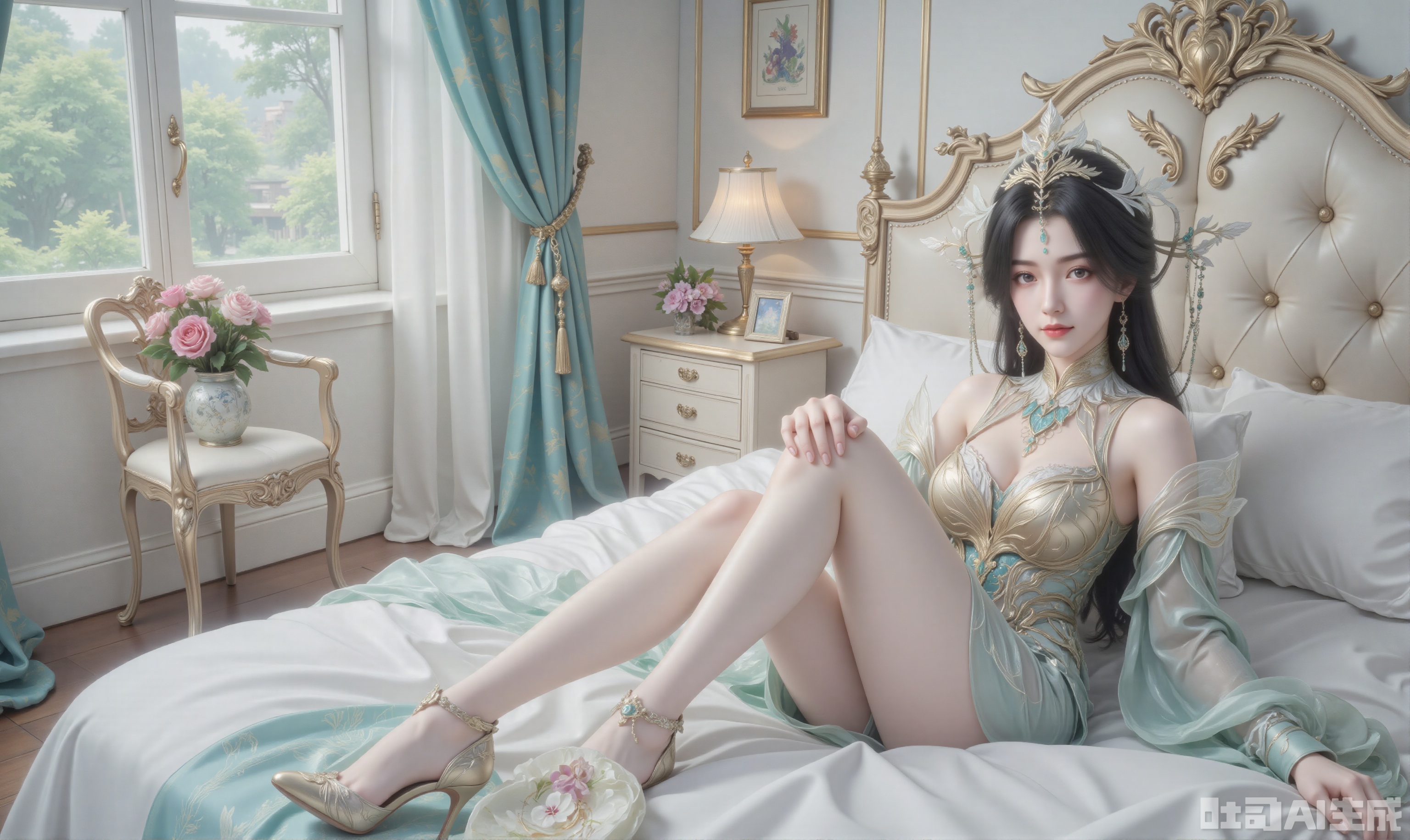 White stockings,long legs,black hair,Wallpaper, high-quality. This is a bedroom where a woman sits with her hands propped up on the bed. She has black hair , delicate earrings on her ears, a green  top, and a green pleated skirt. She has a pair of slender legs, black knee high socks on her legs, and exquisite blue high heels on her feet. She looks at the camera with a smile on her face.,plns_high heels,embossed high heels,LS,Xhuangnv,wet pantyhose,lace,side slit,cheongsam,cleavage,huge Breasts