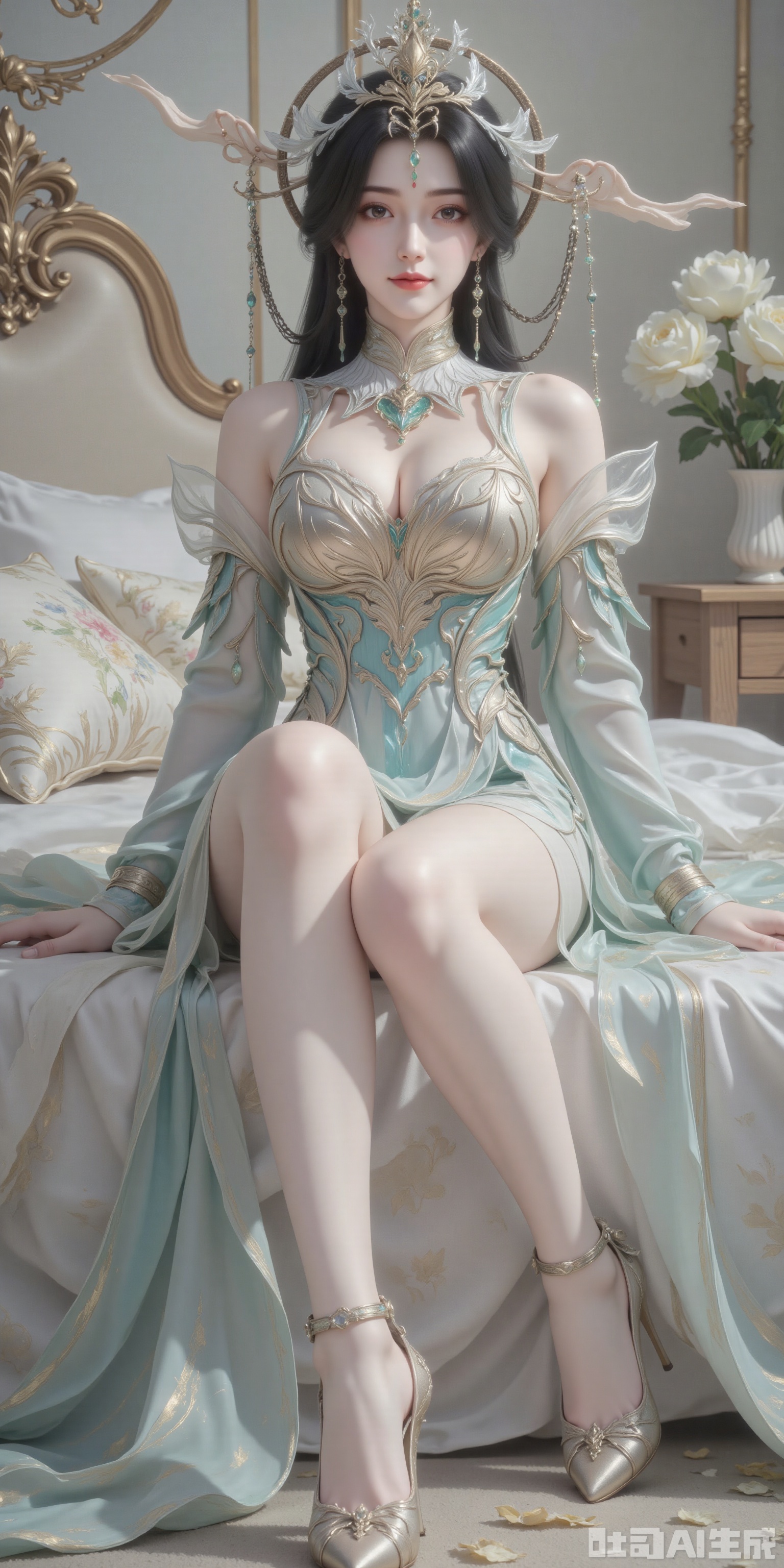 White stockings,long legs,black hair,Wallpaper, high-quality. This is a bedroom where a woman sits with her hands propped up on the bed. She has black hair , delicate earrings on her ears, a green  top, and a green pleated skirt. She has a pair of slender legs, black knee high socks on her legs, and exquisite blue high heels on her feet. She looks at the camera with a smile on her face.,plns_high heels,embossed high heels,LS,Xhuangnv,wet pantyhose,lace,side slit,cheongsam,cleavage,huge Breasts