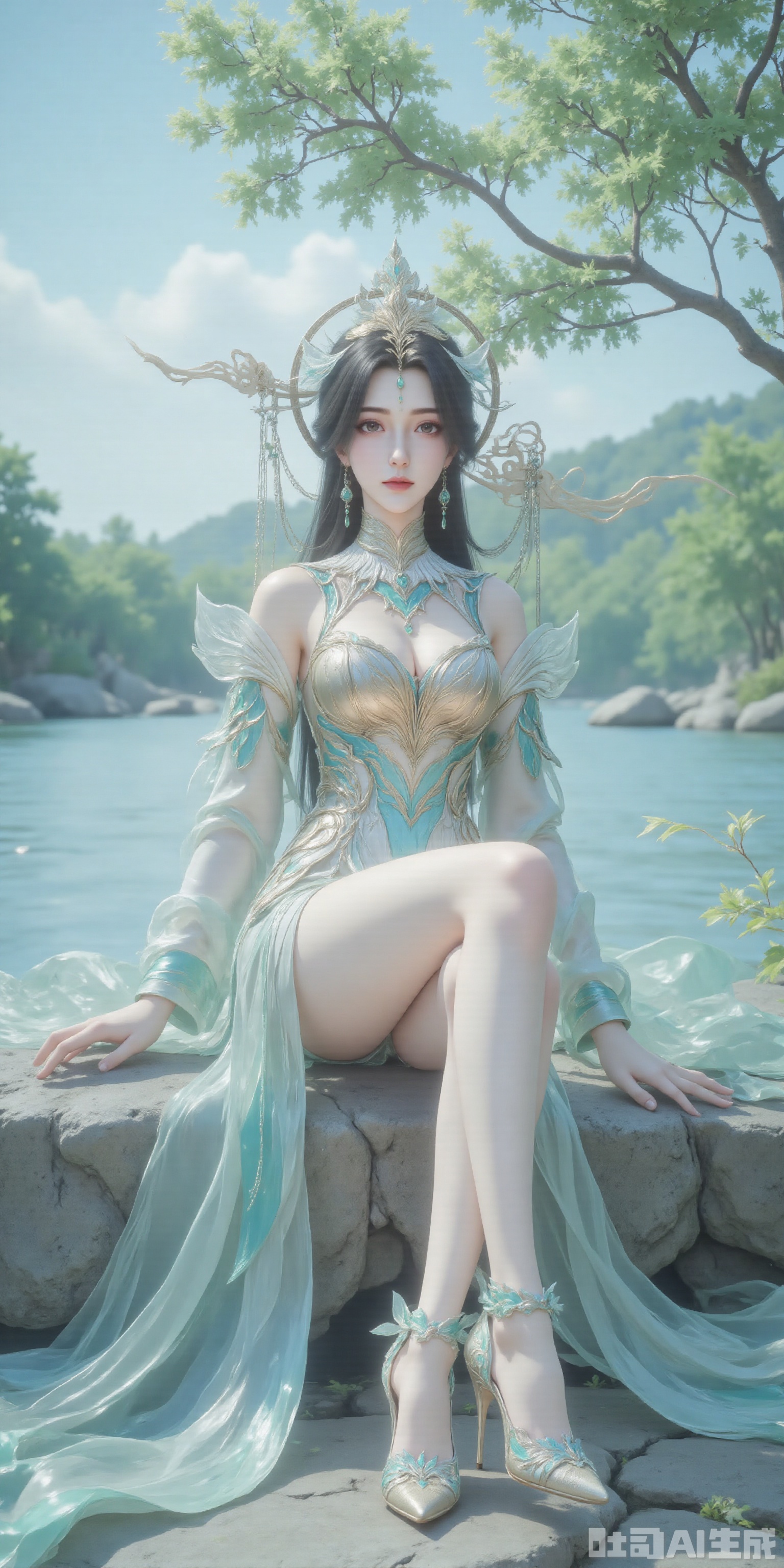 Ultra clear, wallpaper, 8k, sitting,masterpiece, masterpiece,best quality,high quality,,chromatic_aberration,Hair accessories,tree,blue sky ,river,Super long legs,stone,green shirt , ,High heeled sandals,earring,black hair,Light Blue Theme,long legs ,thin legs (masterpiece,wallpaper,best quality:2),1girl,full body,hanfu,full_shot,wallpaper,full body,beautiful legs,seductive_smile,socks_removed, looking_at_viewer,dumpling_Hug_Pillow,cleavage,huge Breasts,embossed high heels,plns_high heels,huaxiangr,magnificent,embossed high heels