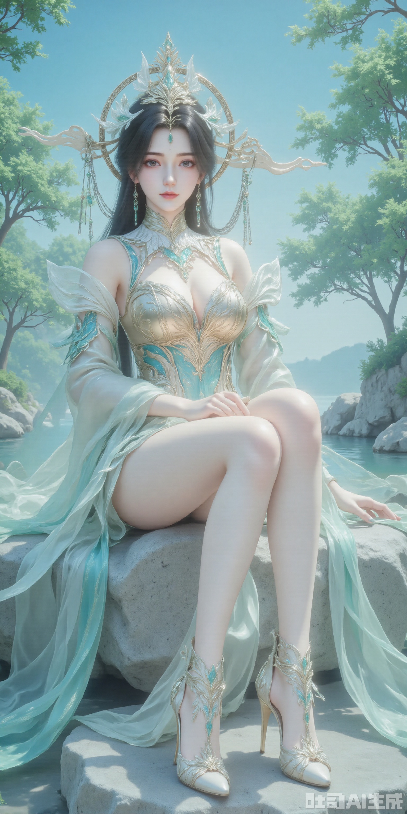 Ultra clear, wallpaper, 8k, sitting,masterpiece, masterpiece,best quality,high quality,,chromatic_aberration,Hair accessories,tree,blue sky ,river,Super long legs,stone,green shirt , ,High heeled sandals,earring,black hair,Light Blue Theme,long legs ,thin legs (masterpiece,wallpaper,best quality:2),1girl,full body,hanfu,full_shot,wallpaper,full body,beautiful legs,seductive_smile,socks_removed, looking_at_viewer,dumpling_Hug_Pillow,cleavage,huge Breasts,embossed high heels,plns_high heels,huaxiangr,magnificent,embossed high heels