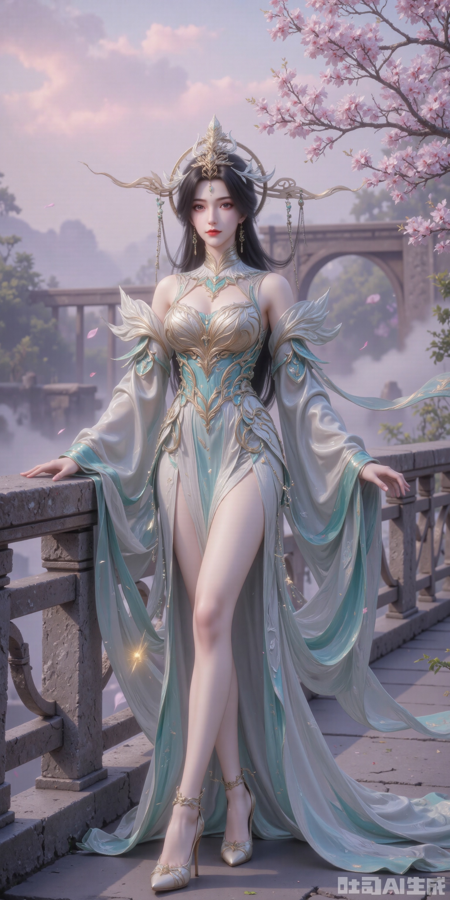 A woman in a Qing Dynasty-style Hanfu is captured from a low angle, leaning against an ancient stone bridge as the morning light filters through the mist. The background is a soft blend of pink and purple hues from the dawn sky, contrasting with the  tones of her clothing. The mist adds a sense of depth and mystery to the scene. Her posture is elegant and poised, with her hand gently resting on the bridge railing. The natural light highlights the delicate features of her face and the intricate patterns of her Hanfu. The atmosphere is one of peaceful solitude and connection to nature..,huaxiangr,embossed high heels,plns_high heels, green dress,black hair
