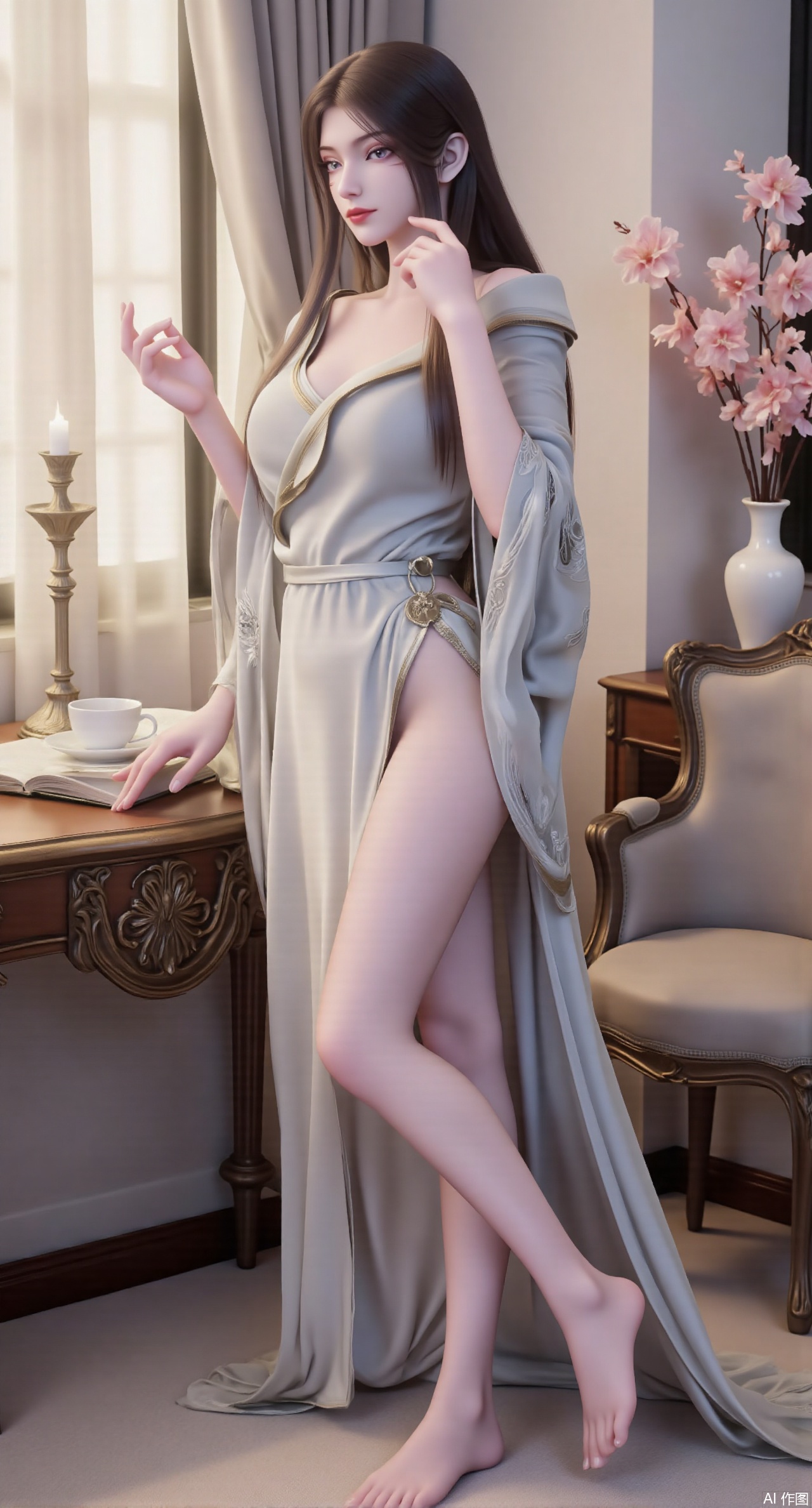 (masterpiece:1.2),Ultra clear, wallpaper, 8k, masterpiece, 1girl, solo, long hair, breasts, looking at viewer, bangs, large breasts,long dress,, bare shoulders, jewelry, black hair, standing, purple eyes, full body, flower, thighs, indoors, hair bun, long dress, high heels, cup, see-through, book, bare legs, window, table, white footwear, standing on one leg, curtains, pink flower, side slit, vase, ,(huge breasts:2.99),(full breasts:2.99),Xmupeiling,XsongyuYK,XqiyueFHK,XheguangzhefandiYK,XxiaobaiNZYK
