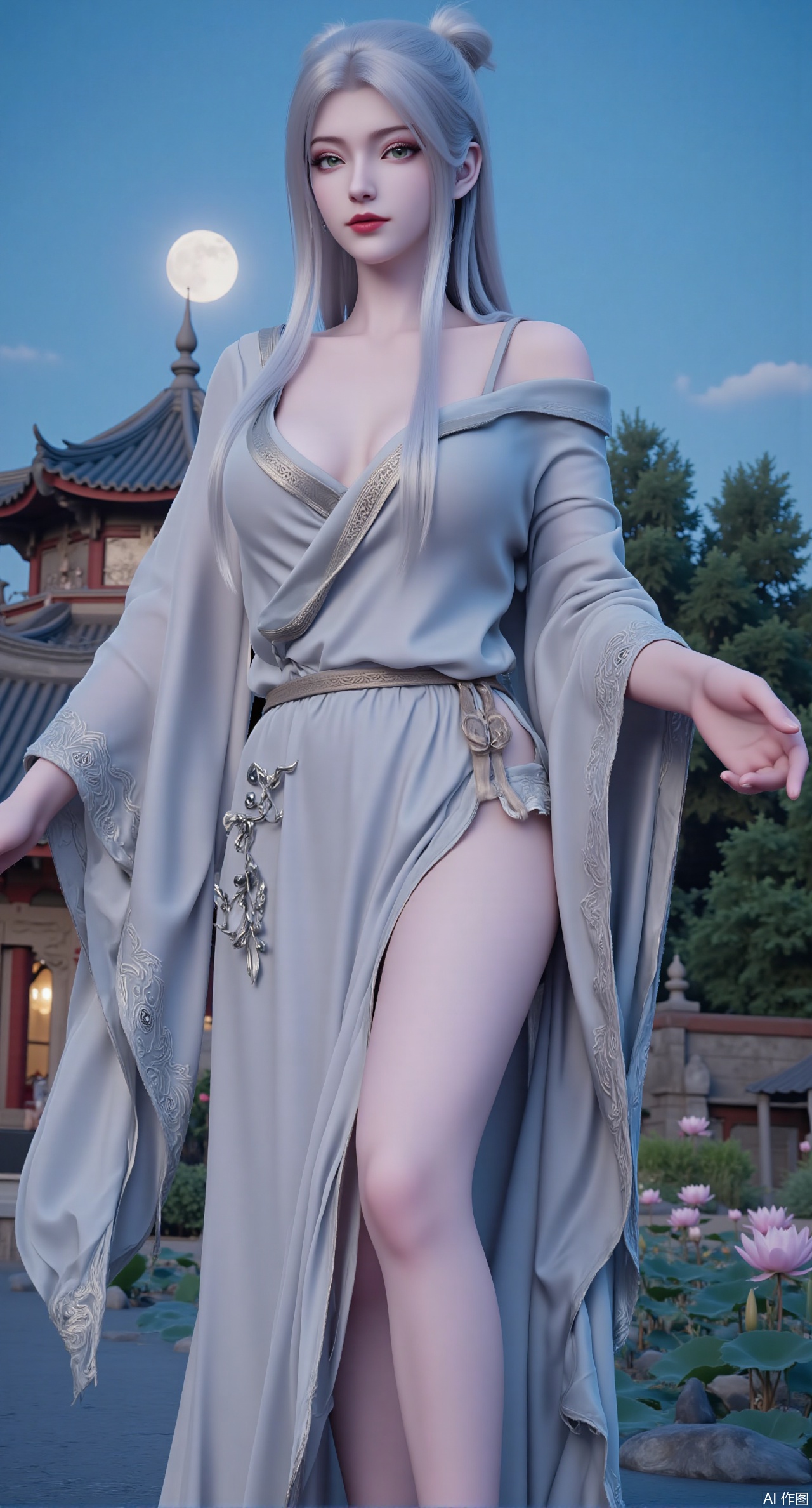 sfw,(masterpiece, best quality:1.2),1girl, navel, solo, midriff, bare shoulders, hair ornament,(long hair),(High double ponytail:1.49), red lips,
BREAK, (looking at viewer:1.39), chinese clothes,(Holographic long hanfu dress:1.36), (lace:1.28),
BREAK,blurry, solo focus, long hair, lips, daytime, lipstick, outdoors, standing,upper body,(huge breasts:2.99), (full breasts:2.99),background, solo, makeup,Xyunxiao,(Lotus,Water Lily,Blue sky,full moon:1.39),(Lotus pond,ancient Chinese architecture:1.39),XxiaobaiNZYK