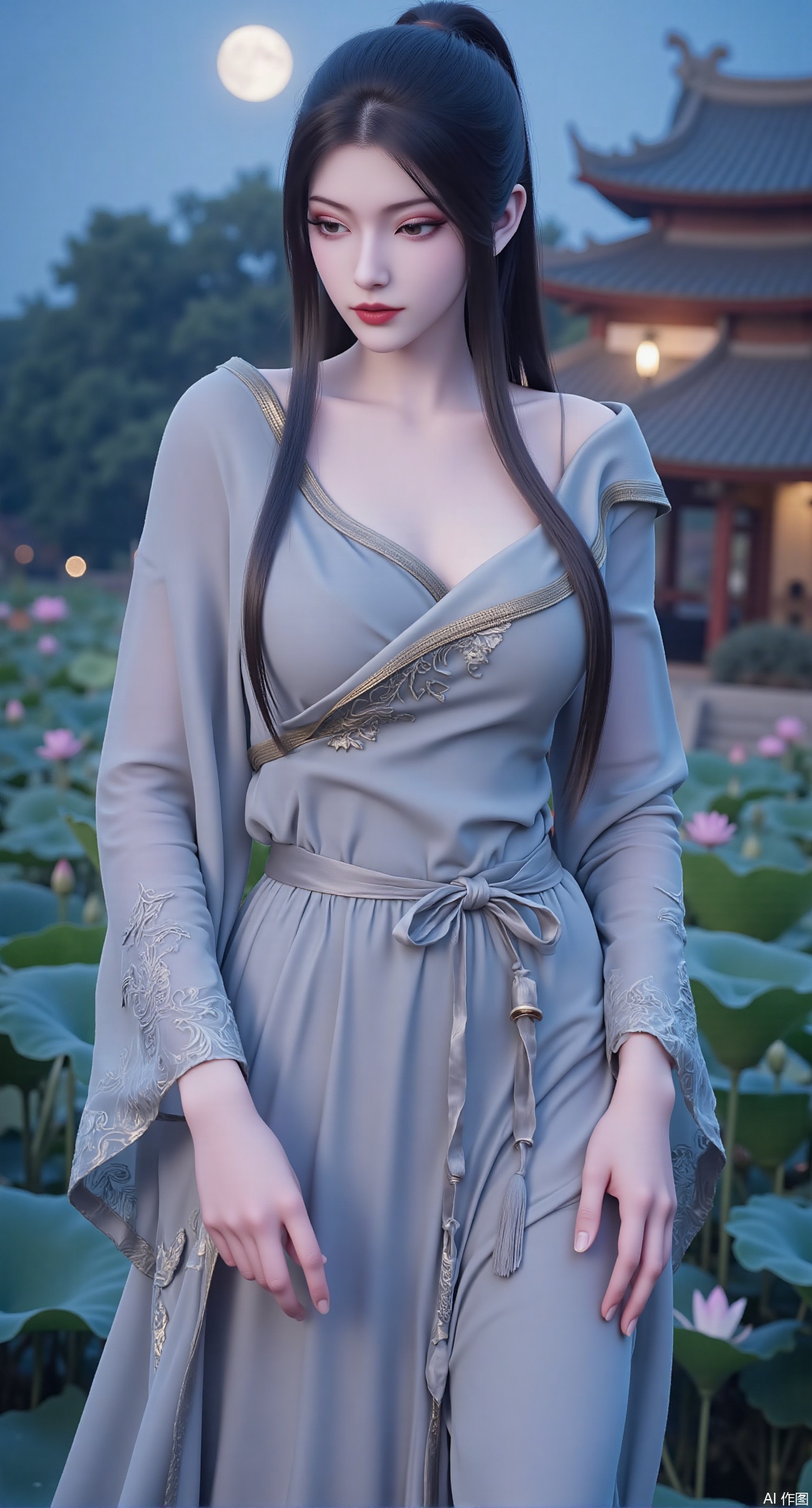 sfw,(masterpiece, best quality:1.2),1girl, navel, solo, midriff, bare shoulders, hair ornament,(long hair),(High double ponytail:1.49), red lips,
BREAK, (looking at viewer:1.39), chinese clothes,(Holographic long hanfu dress:1.36), (lace:1.28),
BREAK,blurry, solo focus, long hair, lips, daytime, lipstick, outdoors, standing,upper body,(huge breasts:2.99), (full breasts:2.99),background, solo, makeup,Xyunxiao,(Lotus,Water Lily,Blue sky,full moon:1.39),(Lotus pond,ancient Chinese architecture:1.39),XxiaobaiNZYK