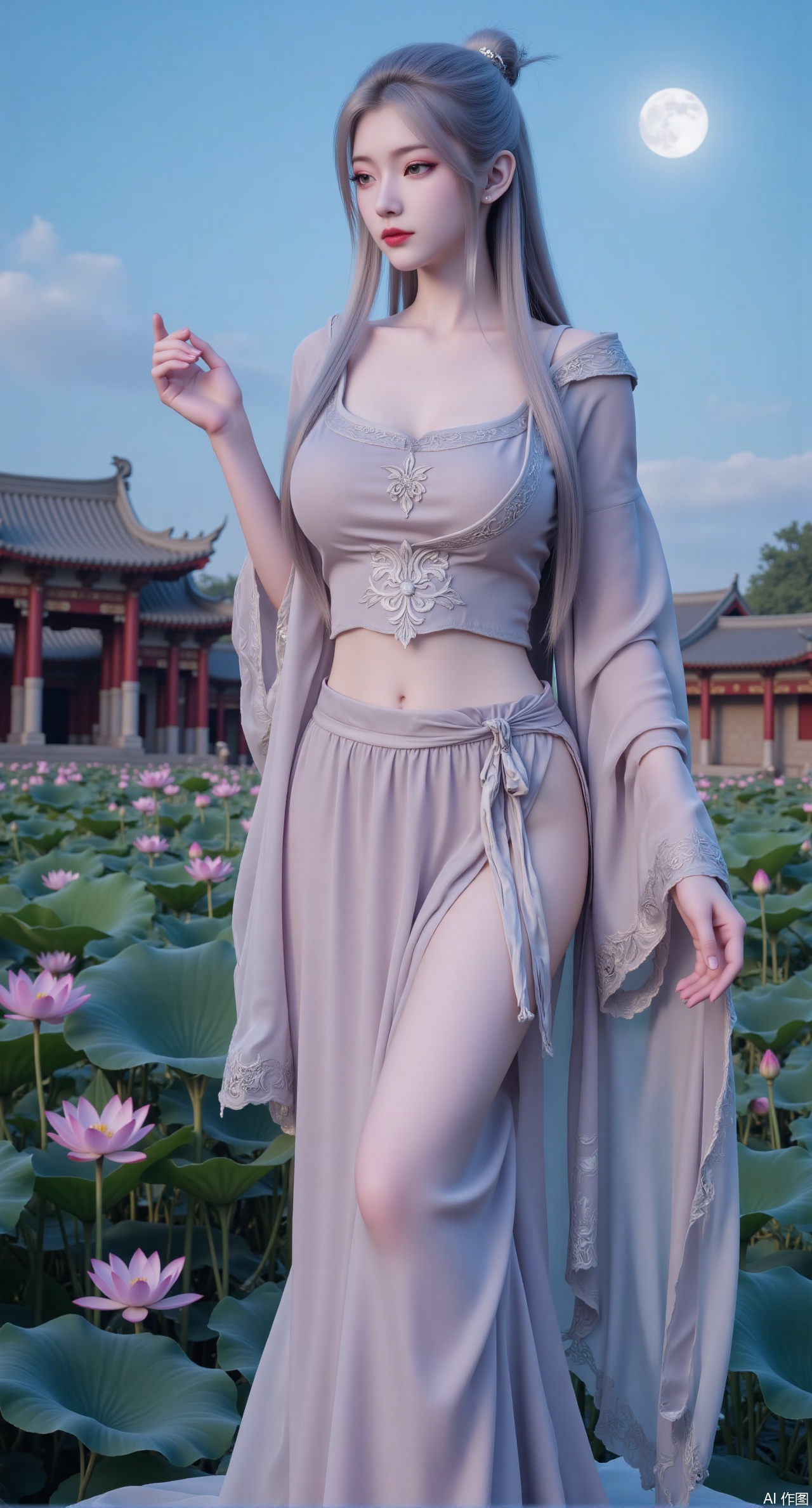 sfw,(masterpiece, best quality:1.2),1girl, navel, solo, midriff, bare shoulders, hair ornament,(long hair),(High double ponytail:1.49), red lips,
BREAK, (looking at viewer:1.39), chinese clothes,(Holographic long hanfu dress:1.36), (lace:1.28),
BREAK,blurry, solo focus, long hair, lips, daytime, lipstick, outdoors, standing,upper body,(huge breasts:2.99), (full breasts:2.99),background, solo, makeup,Xyunxiao,(Lotus,Water Lily,Blue sky,full moon:1.39),(Lotus pond,ancient Chinese architecture:1.39),XxiaobaiNZYK