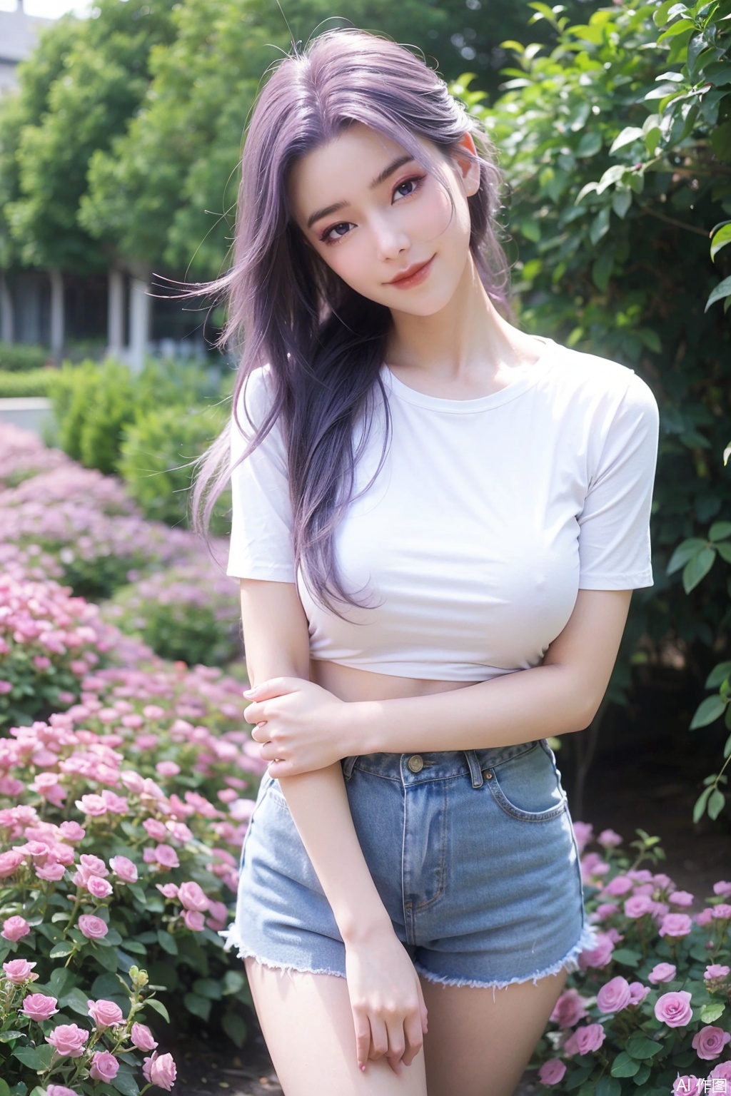 (Best Quality, Masterpiece: 1.2),
1wome,yxx11,purple eyes,purple hair,long hair,looking at viewer,Rose Field,rose,

makeup,shiny,dream,gentle smile,

She is dressed in a white short - sleeved top,,With long legs,captivating, ,denim shorts,8K resolution,,yx