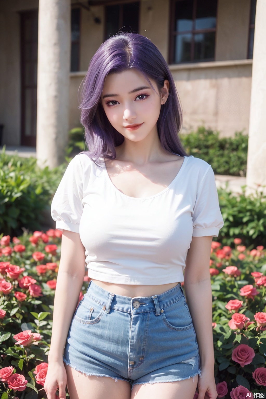(Best Quality, Masterpiece: 1.2),
1wome,yxx11,purple eyes,purple hair,long hair,looking at viewer,Rose Field,rose,

makeup,shiny,dream,gentle smile,

She is dressed in a white short - sleeved top,,With long legs,captivating, ,denim shorts,8K resolution,,yx