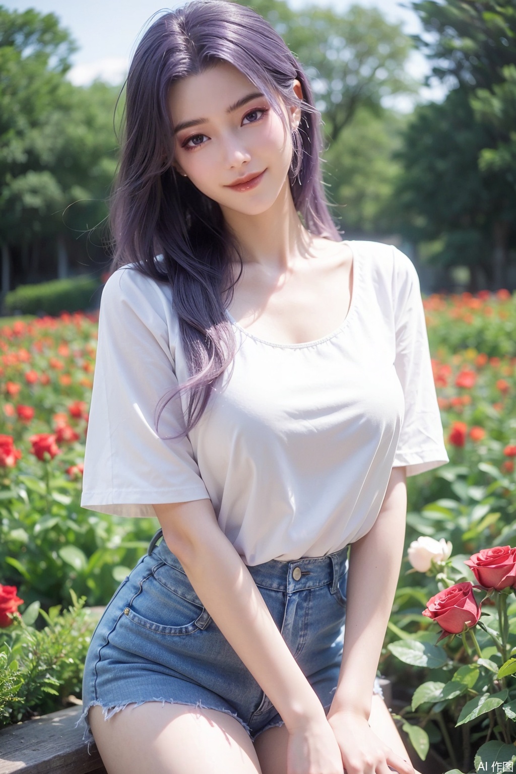 (Best Quality, Masterpiece: 1.2),
1wome,yxx11,purple eyes,purple hair,long hair,looking at viewer,Rose Field,rose,

makeup,shiny,dream,gentle smile,

She is dressed in a white short - sleeved top,,With long legs,captivating, ,denim shorts,8K resolution,,yx