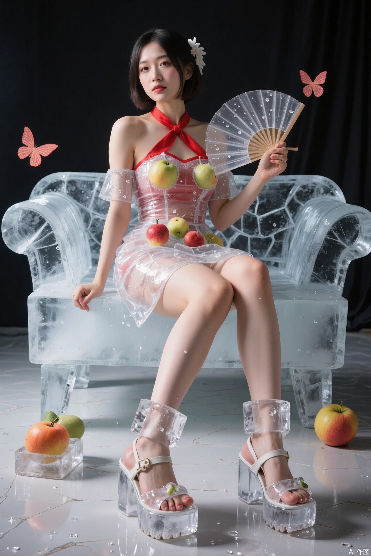 5. A mangosteen noblewoman swathed in an ice cheongsam, the garment intricately embroidered with grape ice beads and lychee lace, holds a star fruit ice folding fan and reclines on a coconut ice-carved chaise lounge. Surrounding her are ice butterflies and a cherry ice jewelry box. Painted in a realistic traditional Chinese gongbi style, the piece features pearlescent whites and fruit color gradients, meticulously depicting the cracks on the ice surface and the texture of silk