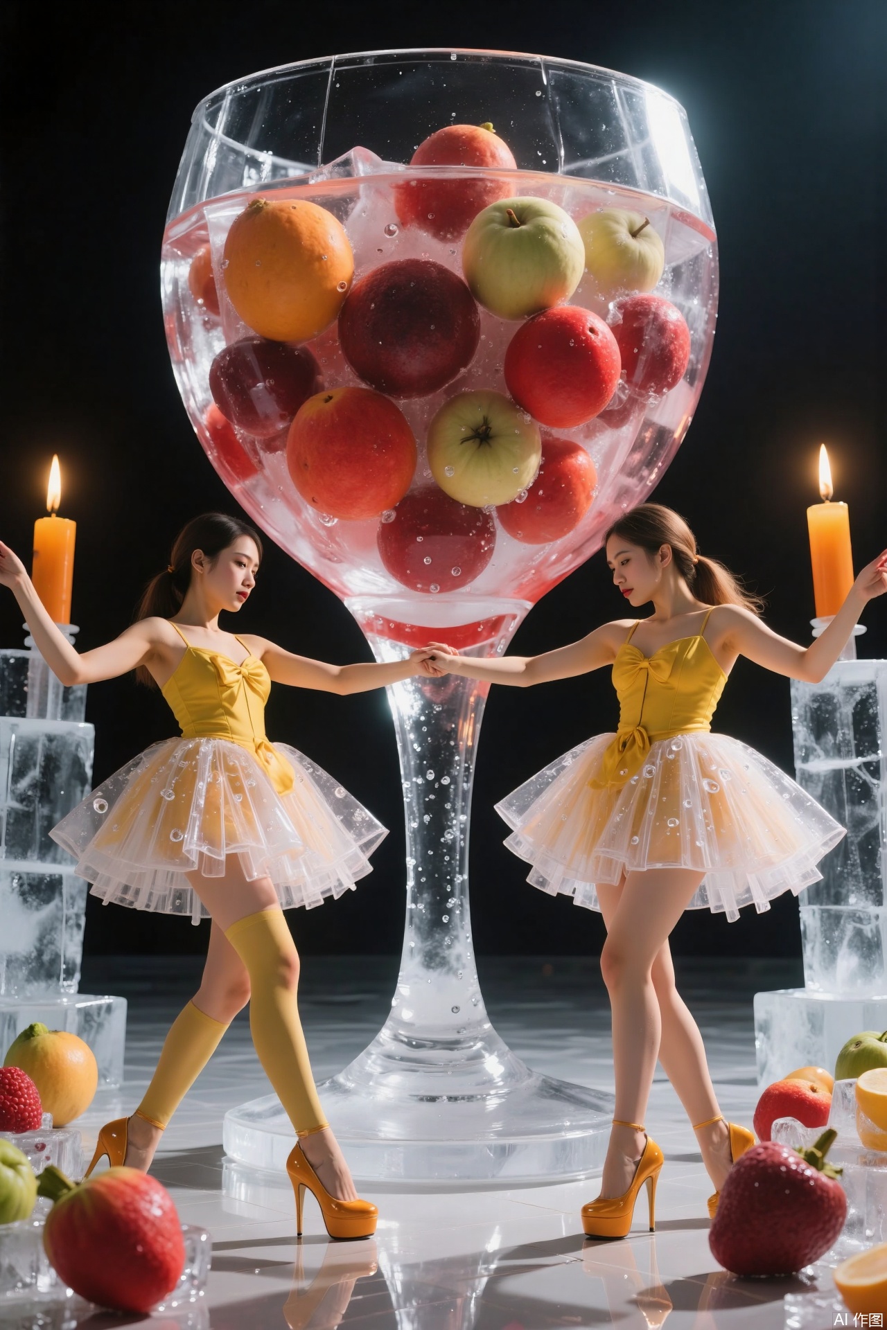 A group of bananas transformed into ballet dancers, wearing tutus woven from ice grapes, perform a graceful dance inside a colossal cherry ice sculpture shaped like a wine glass. The glass is filled with a red liquid resembling watermelon juice, and surrounded by orange ice candelabras with flickering candles. Rendered in a surrealist realistic style, the image features a color palette of bright yellow, purple, red, and orange, creating a fantastical and romantic scene. The dancers are placed at the center of the composition, highlighting their elegant postures and the fresh texture of the fruits.