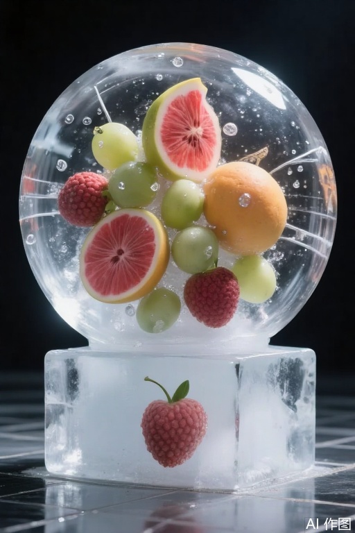 Giant fruit spheres encased in transparent ice float in the air, with whole dragon fruit slices, grape clusters, and lychee bunches embedded inside. The surface of the spheres is carved with minimalist line patterns. Supported by apple ice discs at the bottom, lights project from below, creating a futuristic sense of floating.