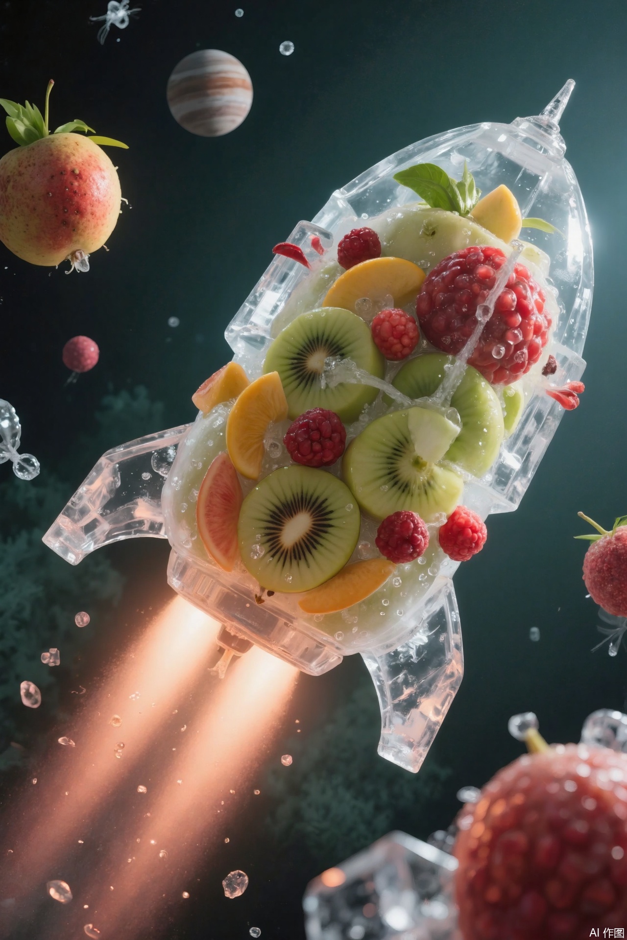 An apple transformed into a spaceship, its hull adorned with rivets resembling pomegranate seeds and spewing flames of pineapple smoothie. It travels through a nebula made of kiwi pulp, with lychee ice satellites floating nearby and a planet surrounded by a blueberry ice ring in the distance. In a surrealist realistic style, the composition features a rich and fantastical color palette of green, red, yellow, and blue, showcasing the vastness of the universe and the wonderful combination of fruits. The light and shadow create a mysterious space atmosphere.