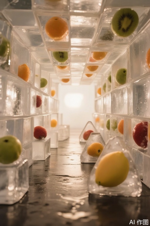 A maze of triangular pyramids built with cantaloupe ice and orange ice, the walls cut into translucent rhombus grids and filled with transparent ice and kiwi fruit pieces. At each corner, ice-made triangular prisms decompose the light into colorful beams, enhancing the fun of spatial exploration.
​