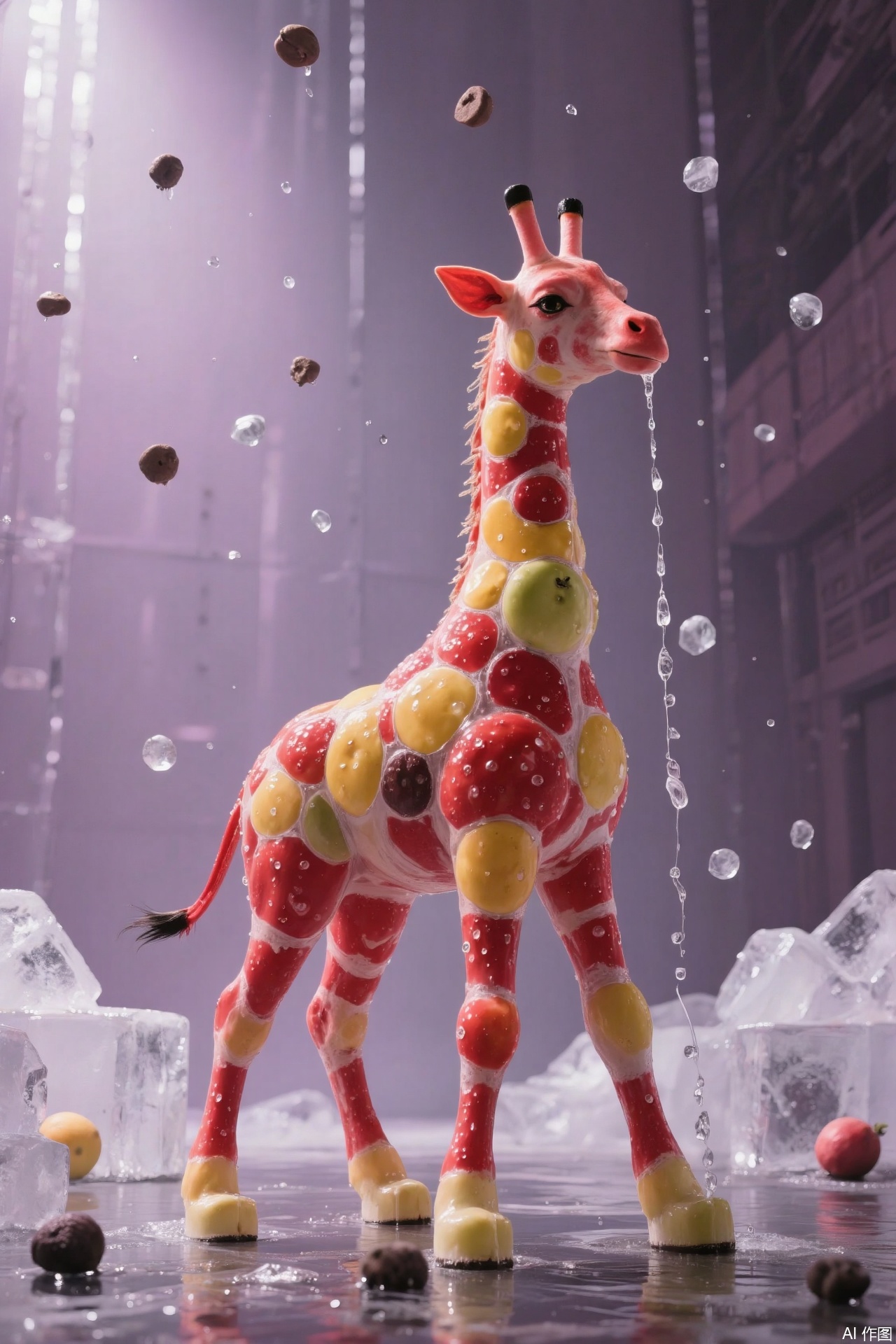 A giraffe made entirely of stacked strawberry pulp, clad in an ice armor pieced together from lemon slices, strolls leisurely beneath a chocolate ice waterfall. The splashing chocolate chips from the waterfall fall like black stars, and the background is a purple sky filled with floating blueberry ice balls. In a surrealist realistic style, the composition showcases a strong contrast of red, yellow, black, and purple colors, creating a dreamy and absurd atmosphere. The light and shadow focus on the giraffe, emphasizing its unique shape and the delicate texture of the strawberry pulp.
​