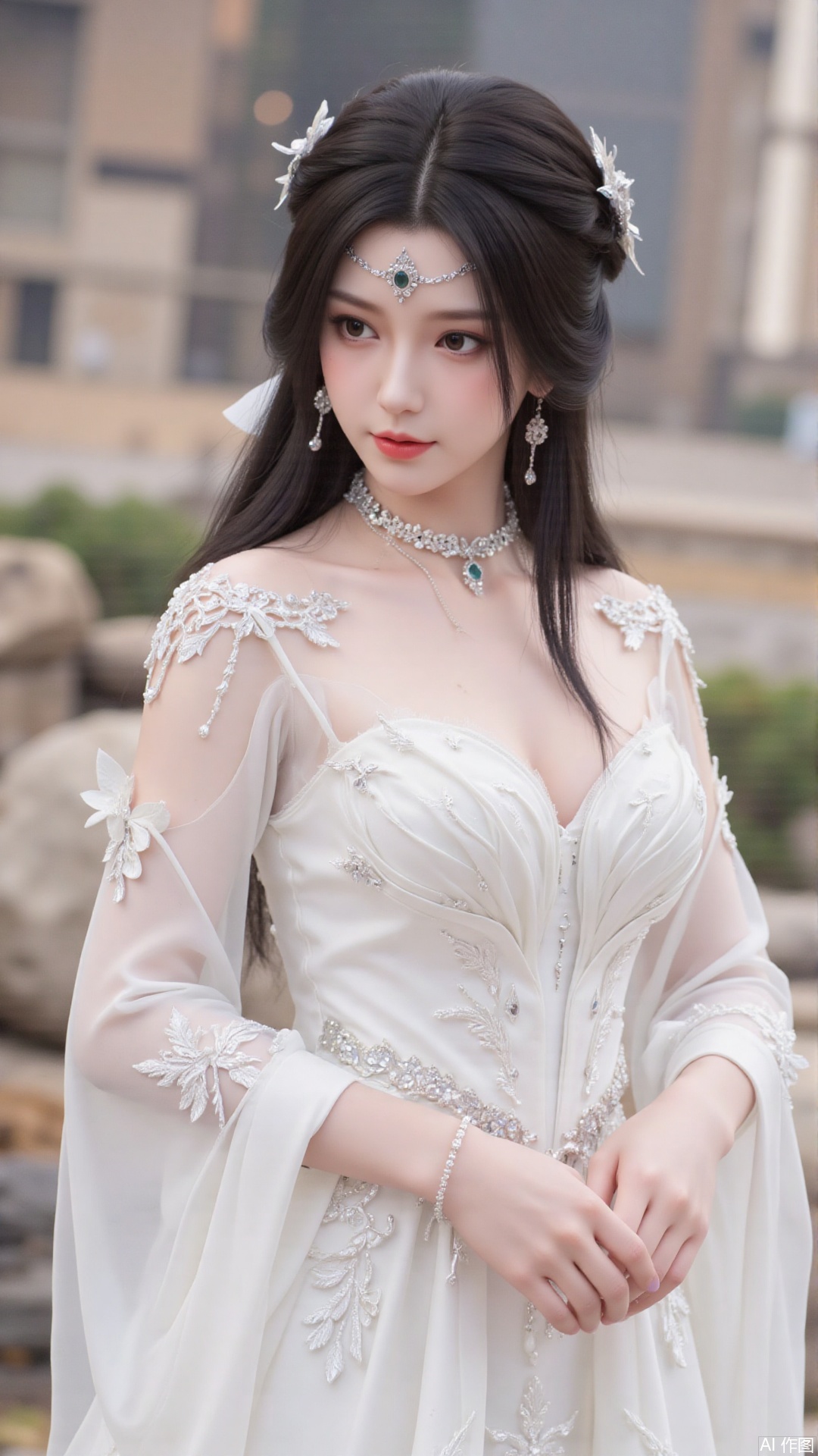 1girl, white wedding dress,looking at viewer, mischevious smile, perfect body, scenery, sharp focus, best quality, masterpiece, detailed outfit, illustration, perfect eyes, finely detailed beautiful anime eyes, realistic skin, intricate details, best lighting, depth of field, ultra high resolution, cowboy_shot, bride