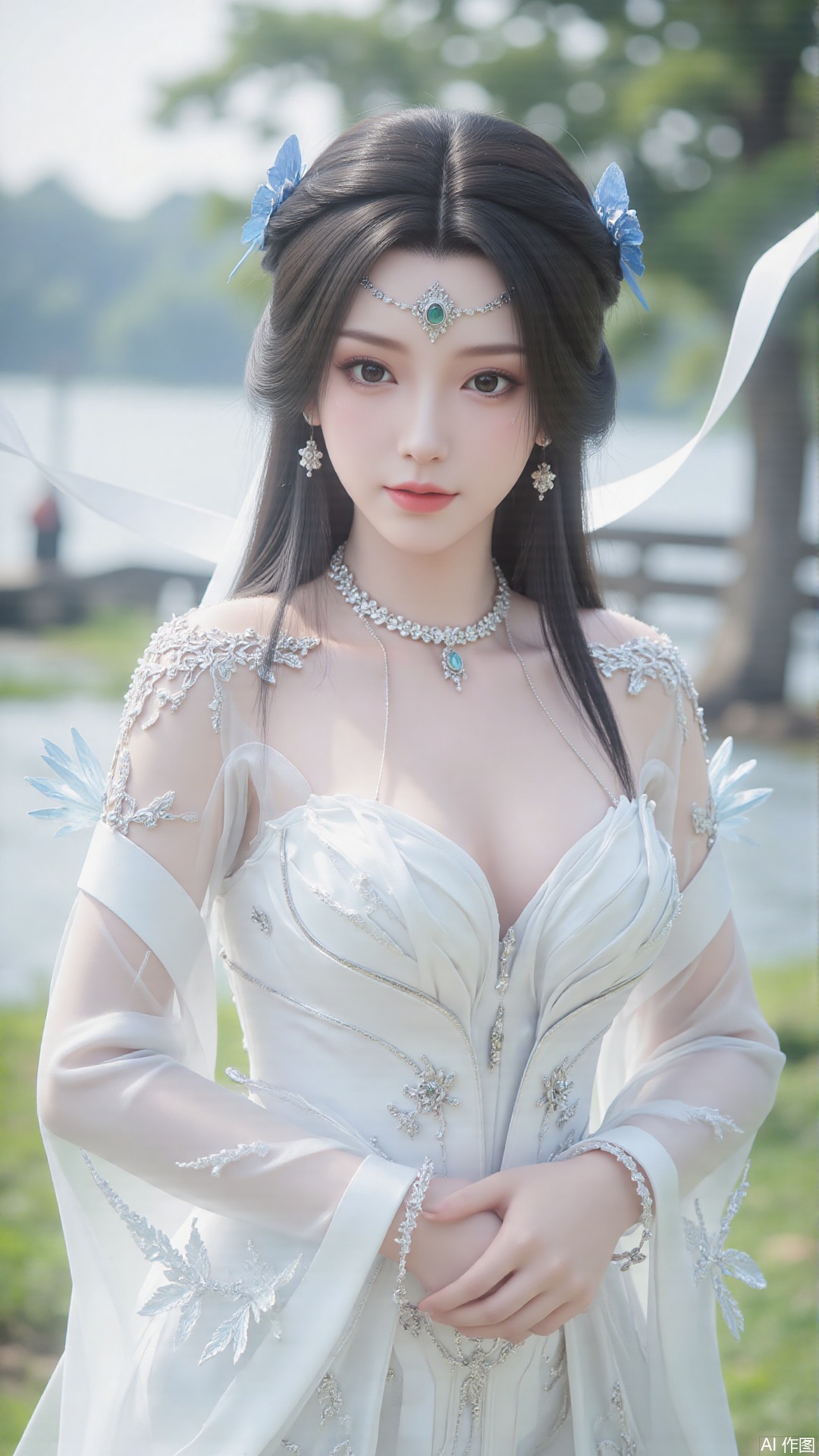 1girl, white wedding dress,looking at viewer, mischevious smile, perfect body, scenery, sharp focus, best quality, masterpiece, detailed outfit, illustration, perfect eyes, finely detailed beautiful anime eyes, realistic skin, intricate details, best lighting, depth of field, ultra high resolution, cowboy_shot, bride