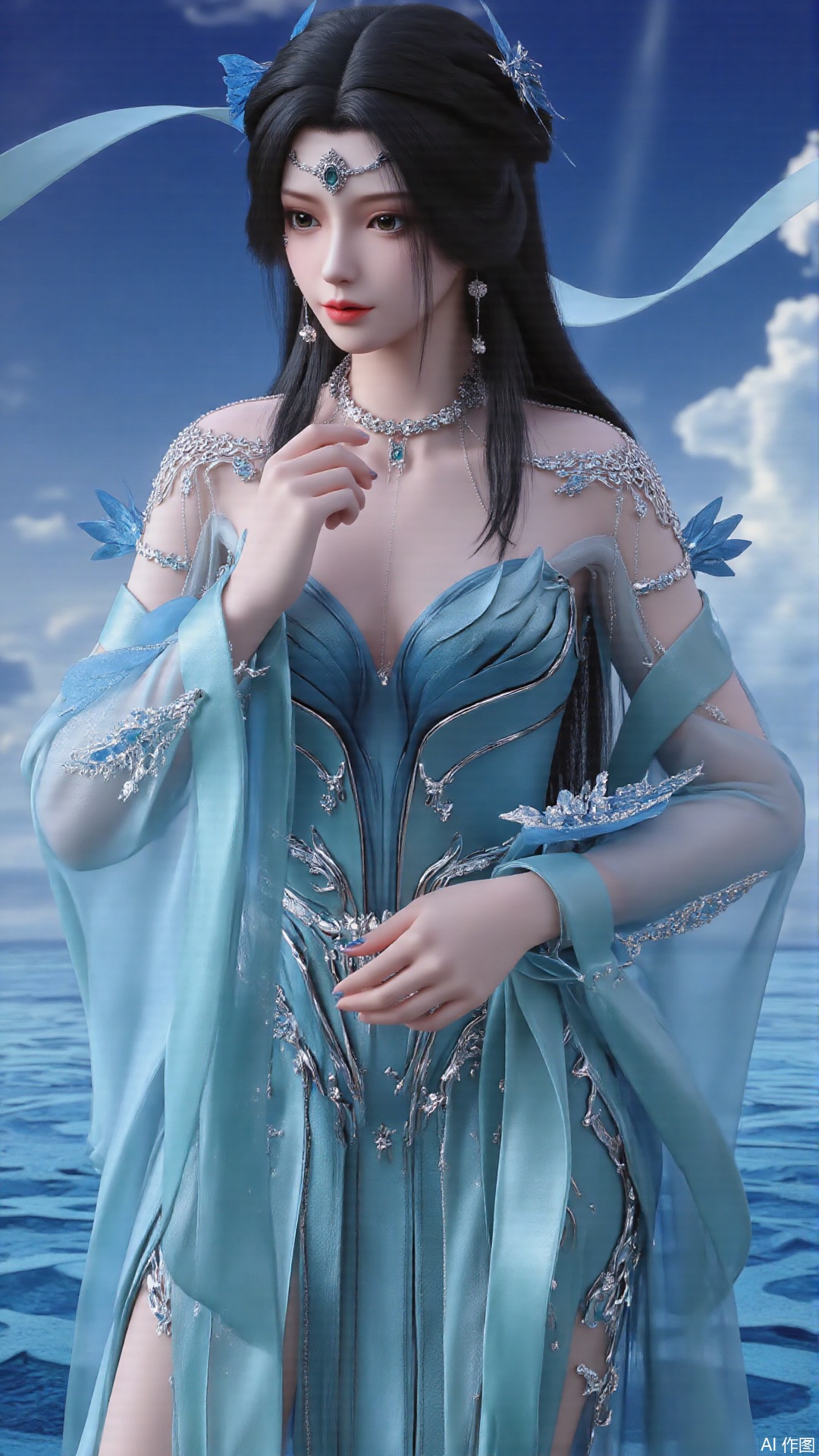 masterpiece,best quality,1girl, black hair, blue dress, long hair, hair ornament, jewelry, earrings, cowboy shot