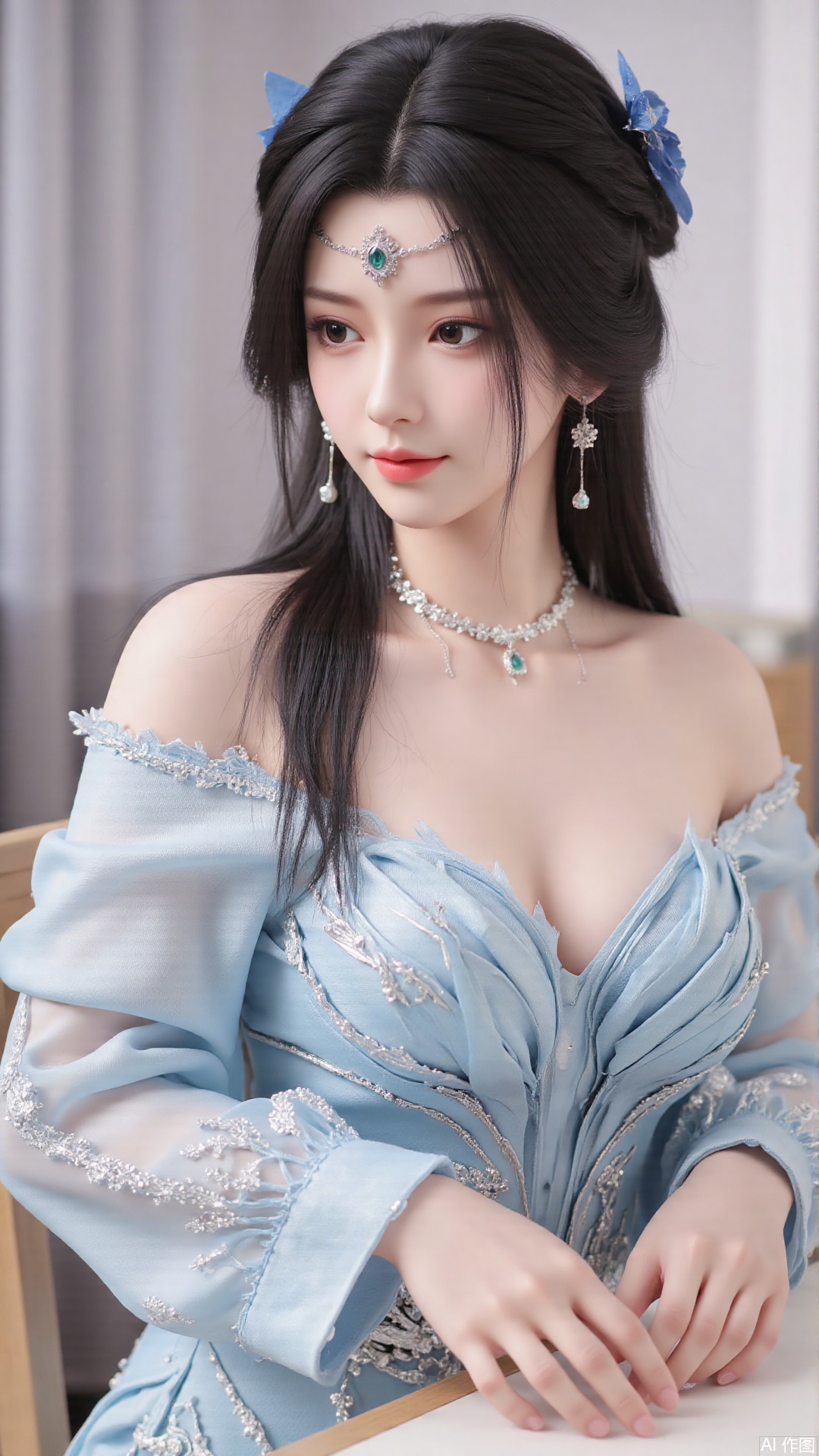 1girl, solo, long hair, looking at viewer, smile, sitting, collarbone, off shoulder, sweater, messy hair, realistic