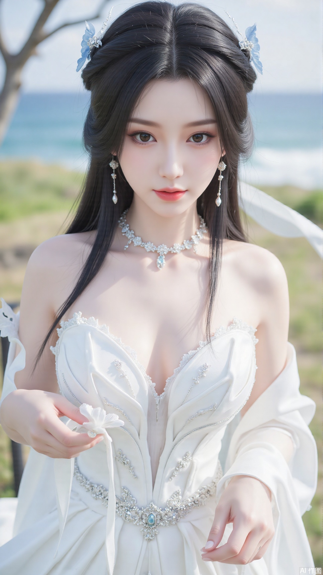 1girl, white wedding dress,looking at viewer, mischevious smile, perfect body, scenery, sharp focus, best quality, masterpiece, detailed outfit, illustration, perfect eyes, finely detailed beautiful anime eyes, realistic skin, intricate details, best lighting, depth of field, ultra high resolution, cowboy_shot, bride