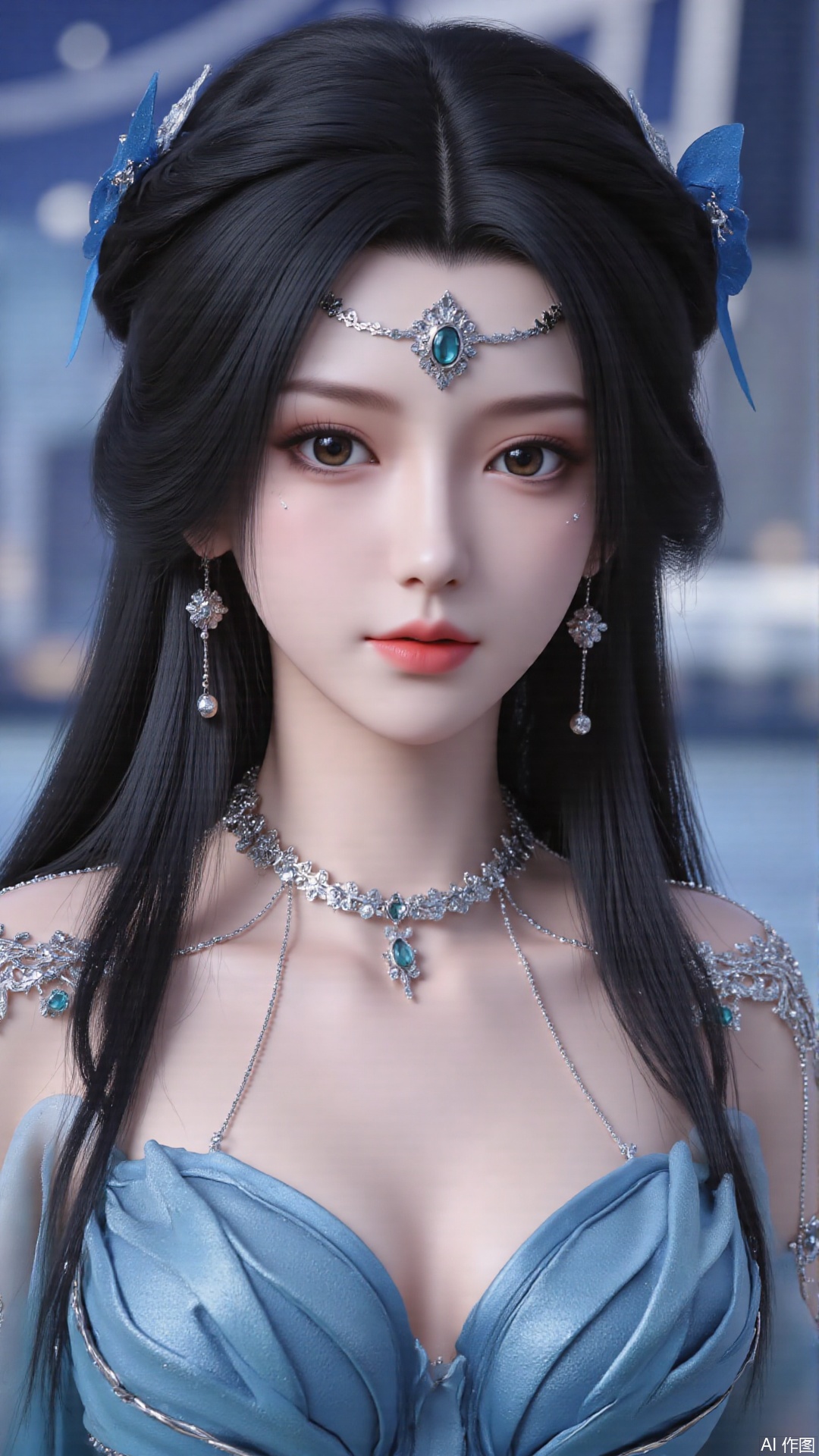 masterpiece,best quality,1girl, black hair, blue dress, long hair, hair ornament, jewelry, earrings, cowboy shot