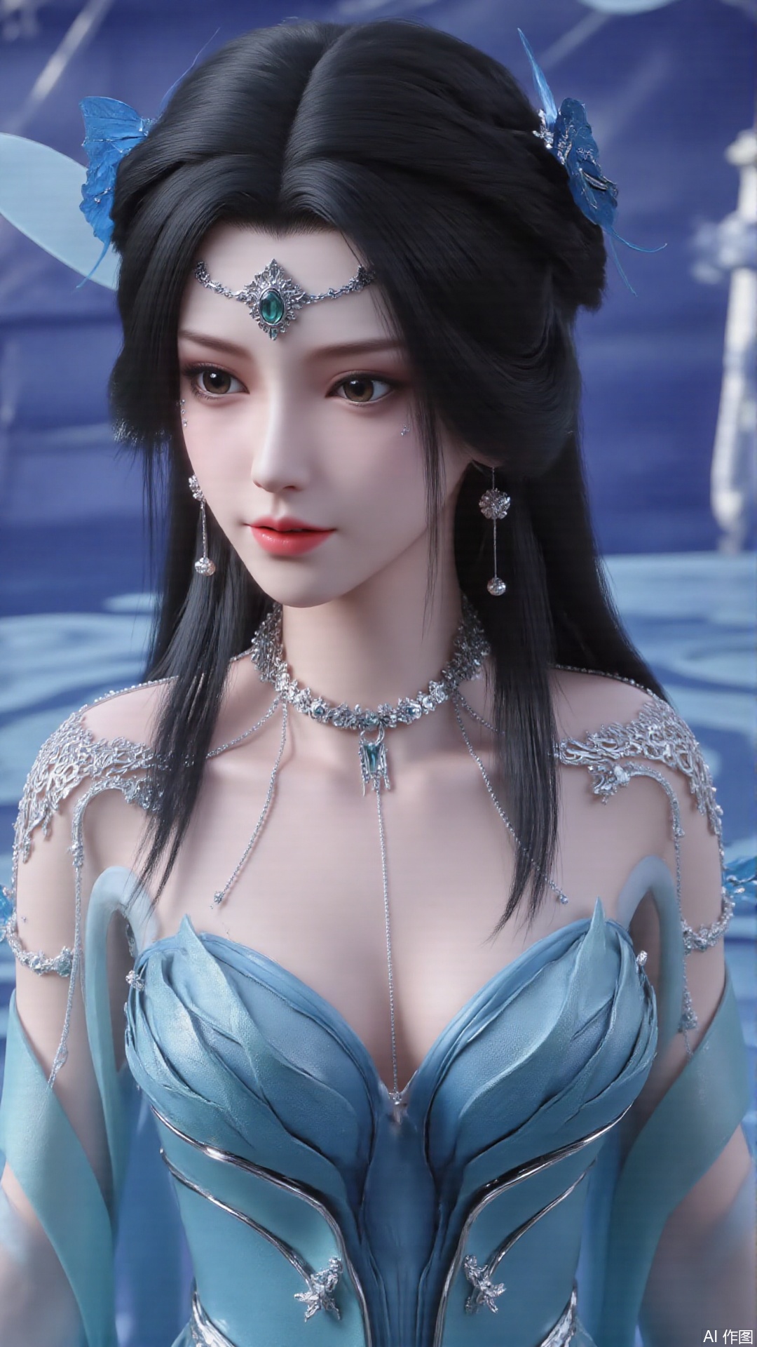 masterpiece,best quality,1girl, black hair, blue dress, long hair, hair ornament, jewelry, earrings, cowboy shot