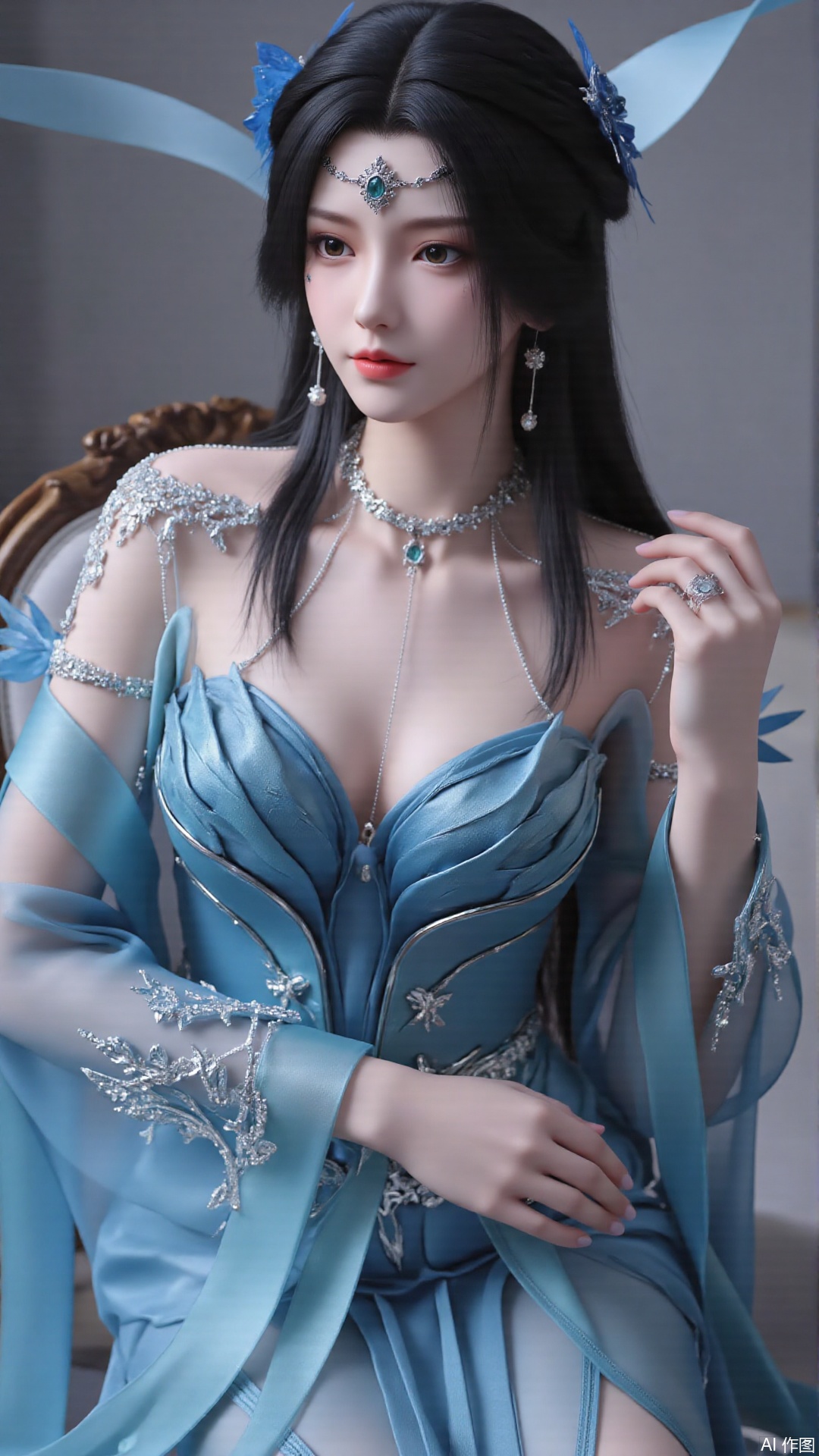 masterpiece,best quality,1girl, black hair, blue dress, long hair, hair ornament, jewelry, earrings, sitting