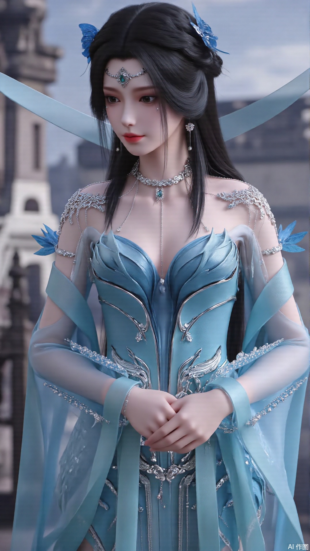 masterpiece,best quality,1girl, black hair, blue dress, long hair, hair ornament, jewelry, earrings, sitting