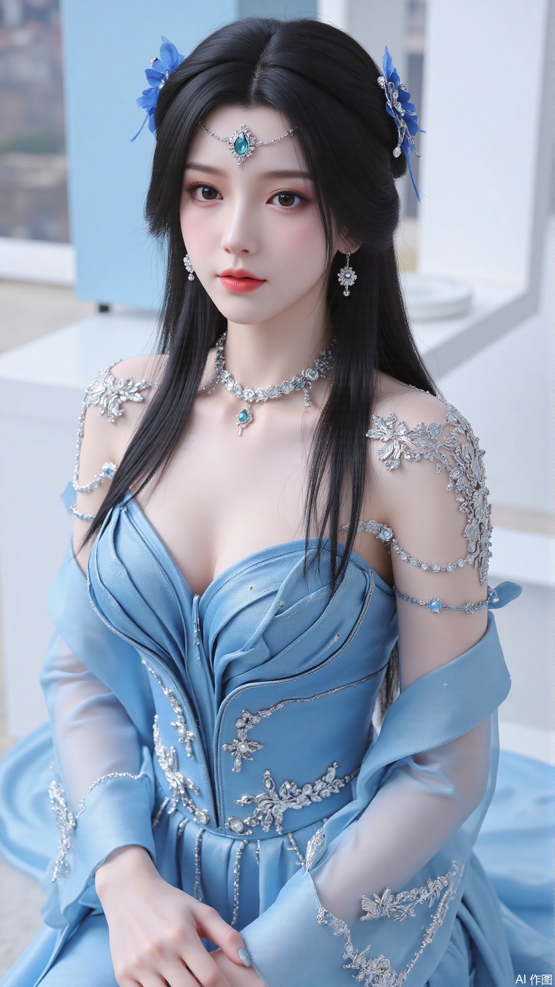 masterpiece,best quality,1girl, black hair, blue dress, long hair, hair ornament, jewelry, earrings, sitting