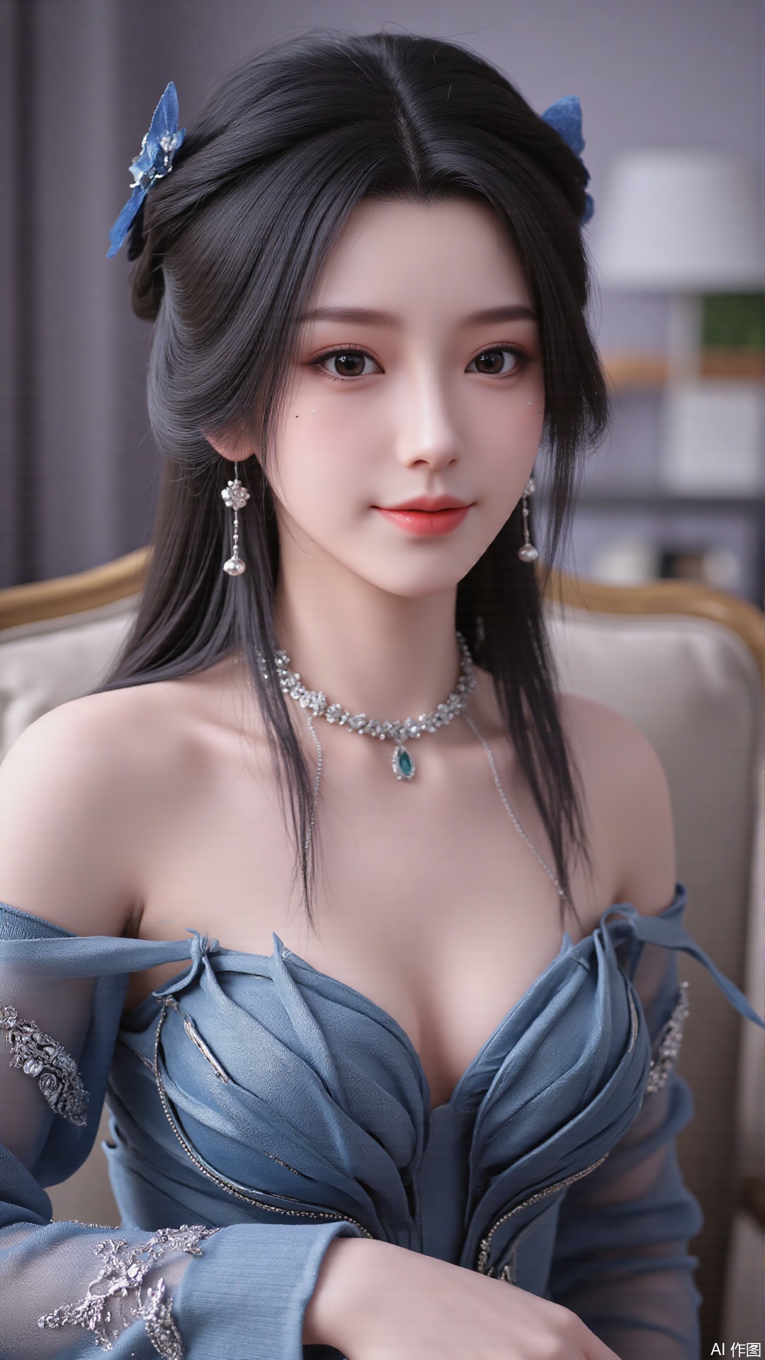 1girl, solo, long hair, looking at viewer, smile, sitting, collarbone, off shoulder, sweater, messy hair, realistic