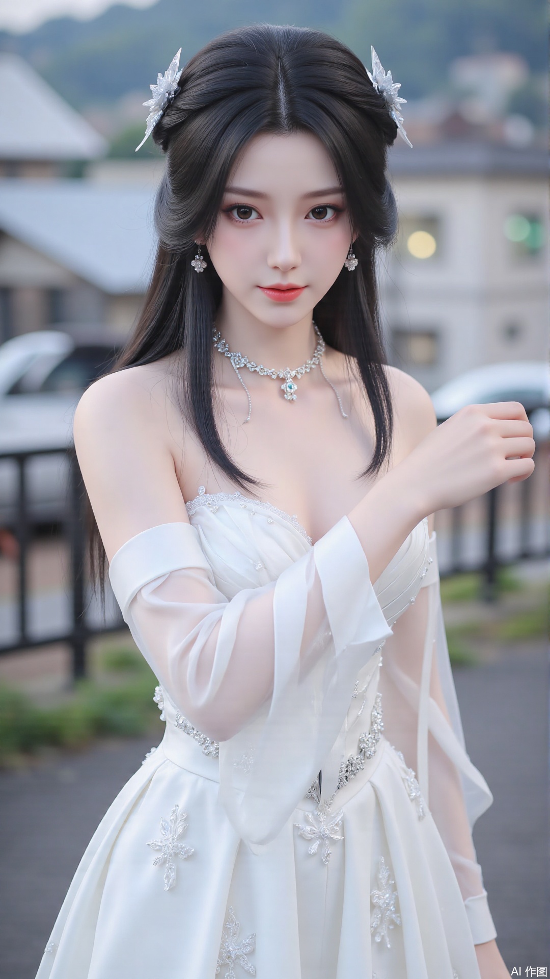 1girl, white wedding dress,looking at viewer, mischevious smile, perfect body, scenery, sharp focus, best quality, masterpiece, detailed outfit, illustration, perfect eyes, finely detailed beautiful anime eyes, realistic skin, intricate details, best lighting, depth of field, ultra high resolution, cowboy_shot, bride