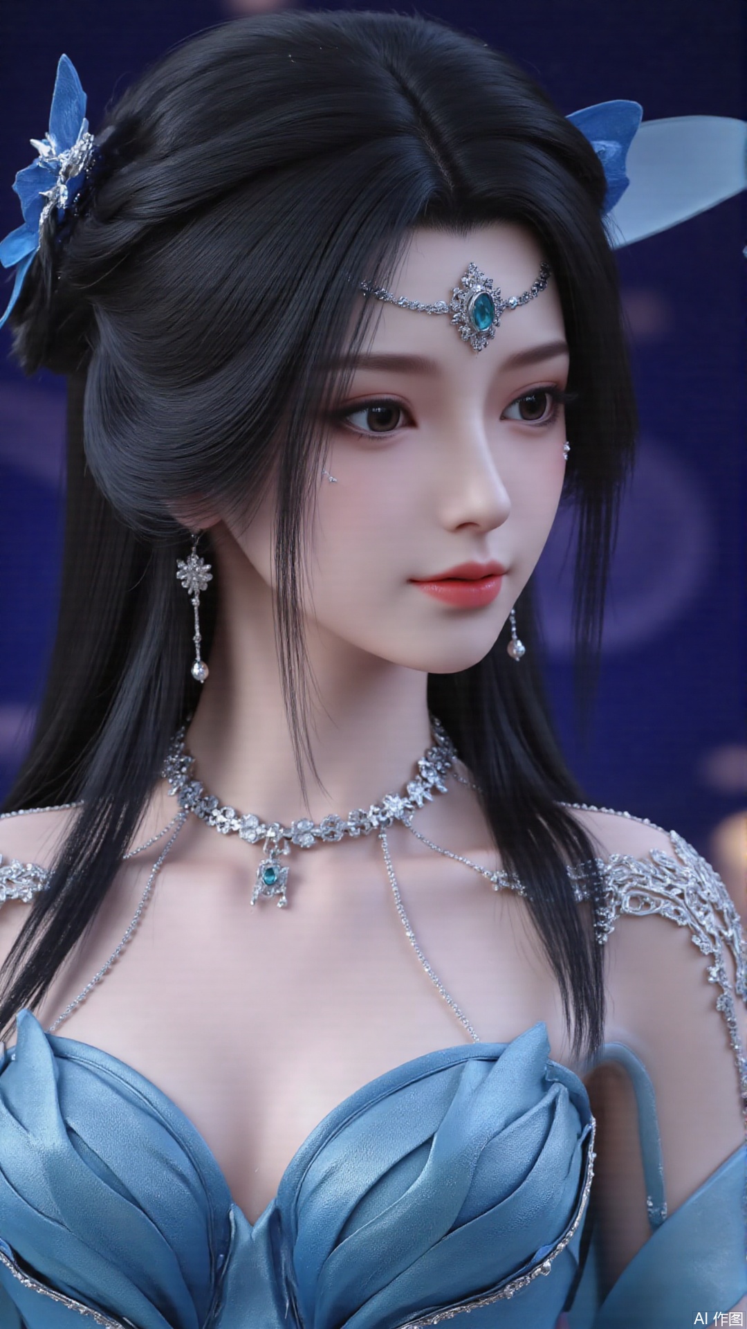 masterpiece,best quality,1girl, black hair, blue dress, long hair, hair ornament, jewelry, earrings, cowboy shot