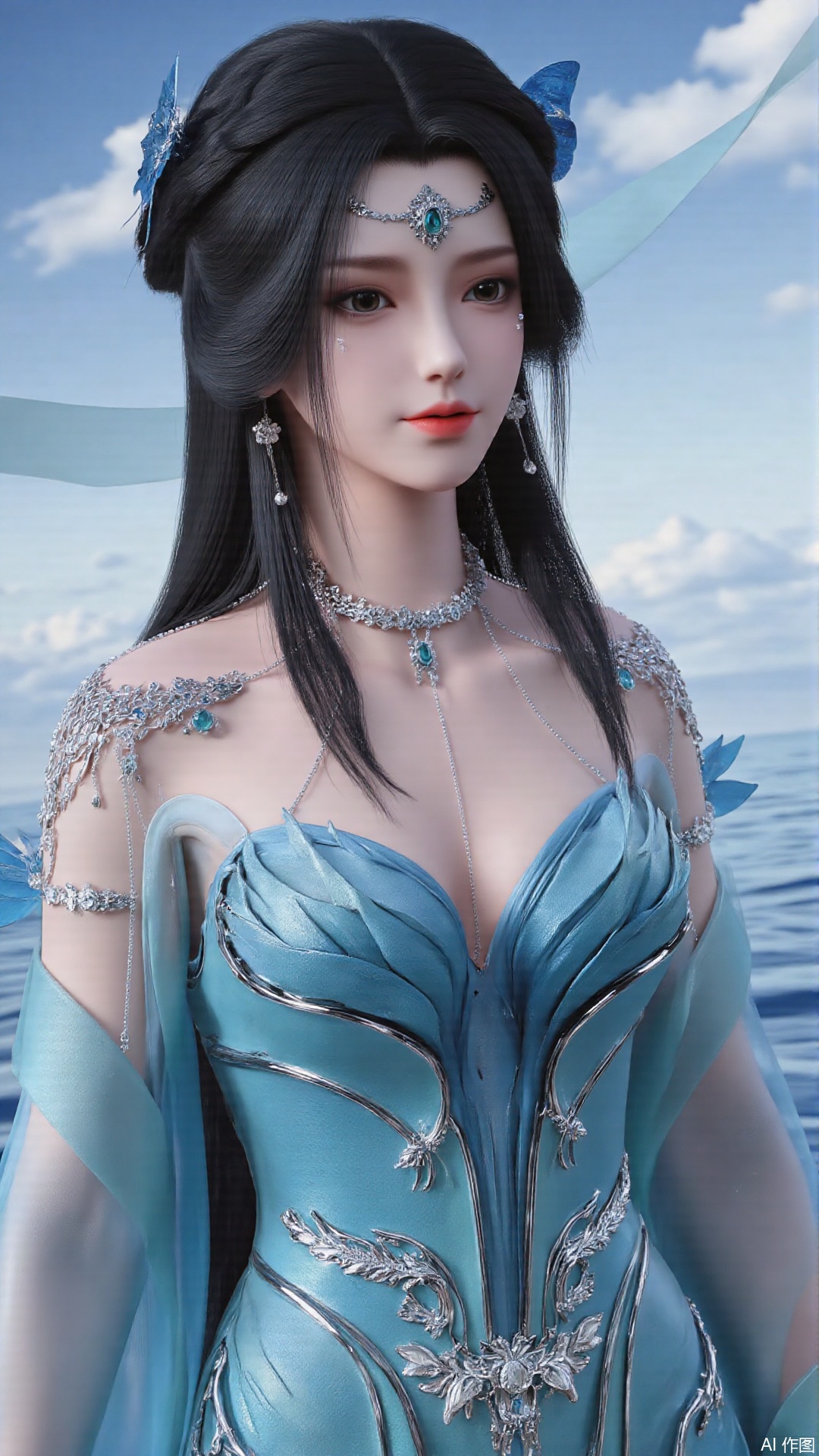 masterpiece,best quality,1girl, black hair, blue dress, long hair, hair ornament, jewelry, earrings, cowboy shot