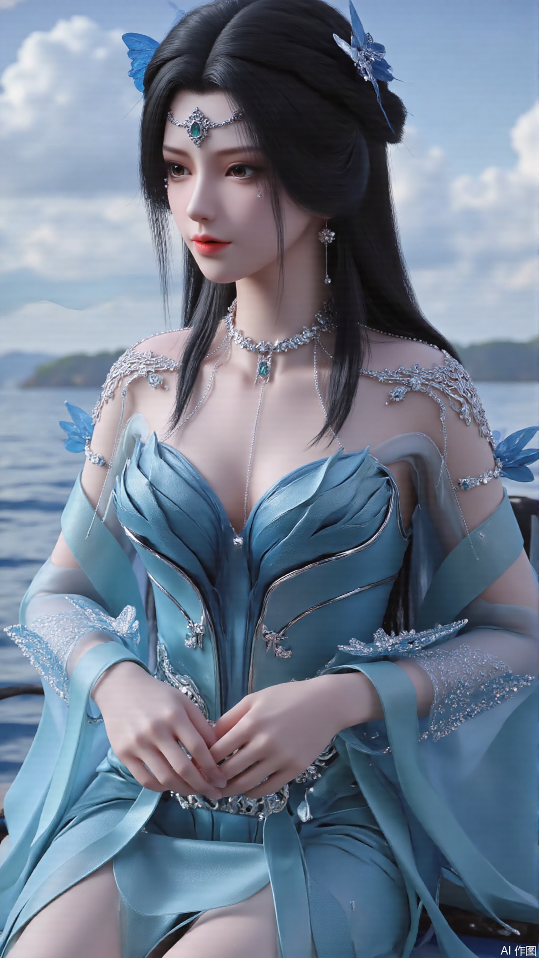 masterpiece,best quality,1girl, black hair, blue dress, long hair, hair ornament, jewelry, earrings, sitting