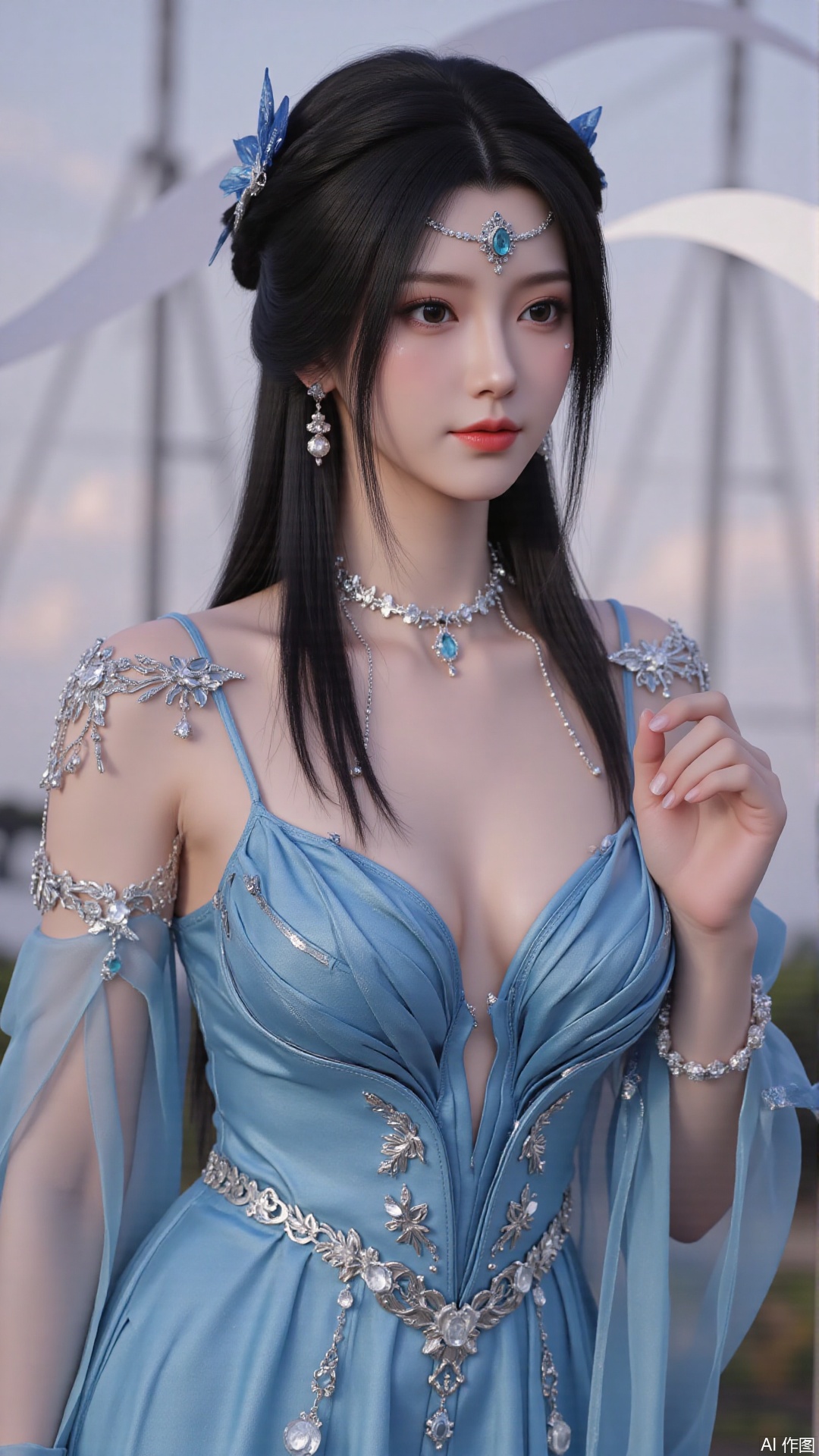 masterpiece,best quality,1girl, black hair, blue dress, long hair, hair ornament, jewelry, earrings, cowboy shot