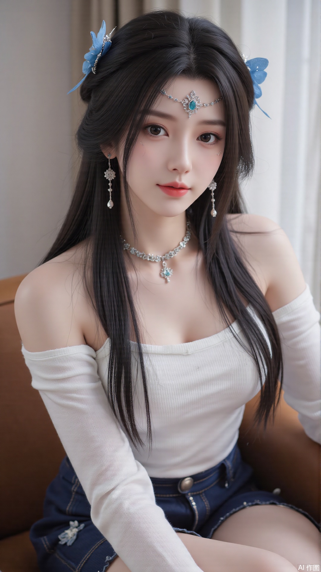 1girl, solo, long hair, looking at viewer, smile, sitting, collarbone, off shoulder, sweater, messy hair, realistic