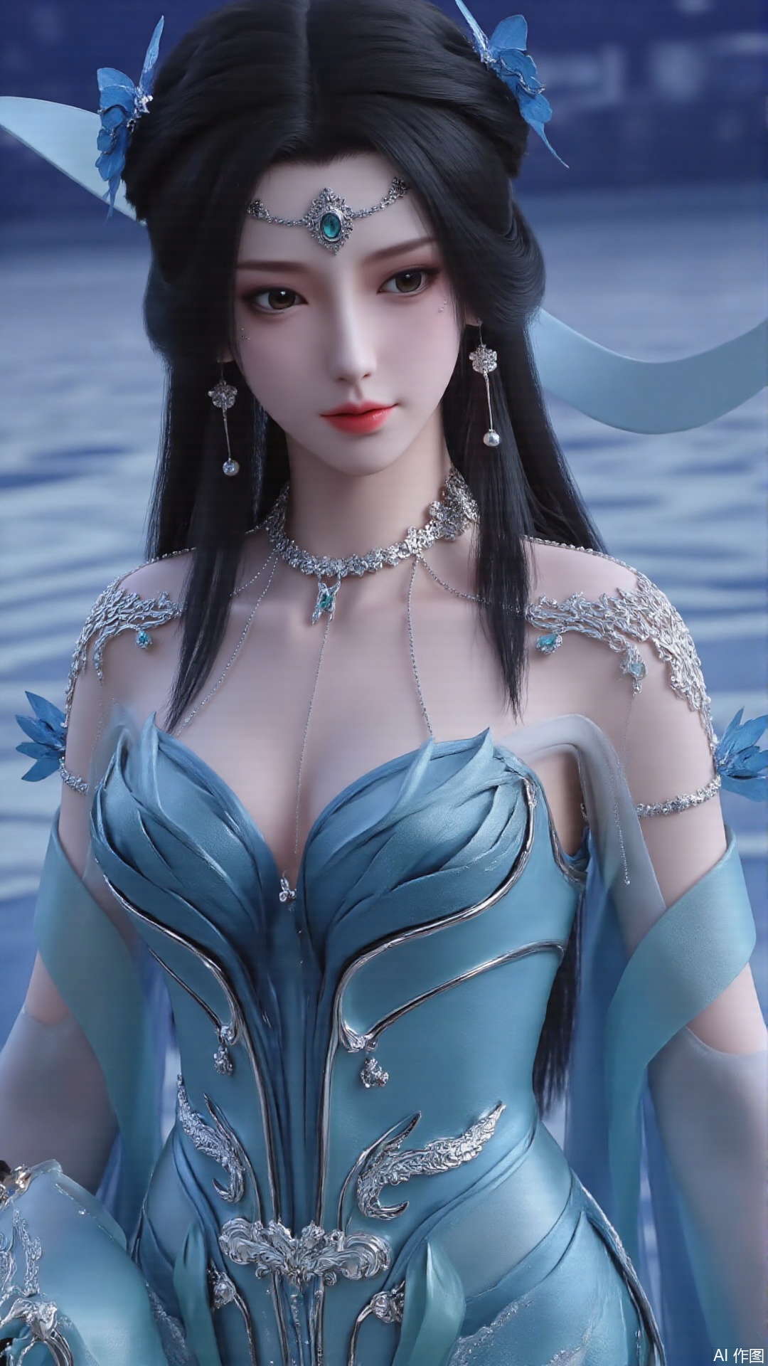 masterpiece,best quality,1girl, black hair, blue dress, long hair, hair ornament, jewelry, earrings, sitting
