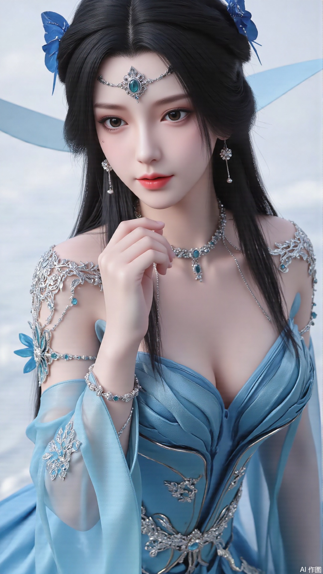 masterpiece,best quality,1girl, black hair, blue dress, long hair, hair ornament, jewelry, earrings, sitting