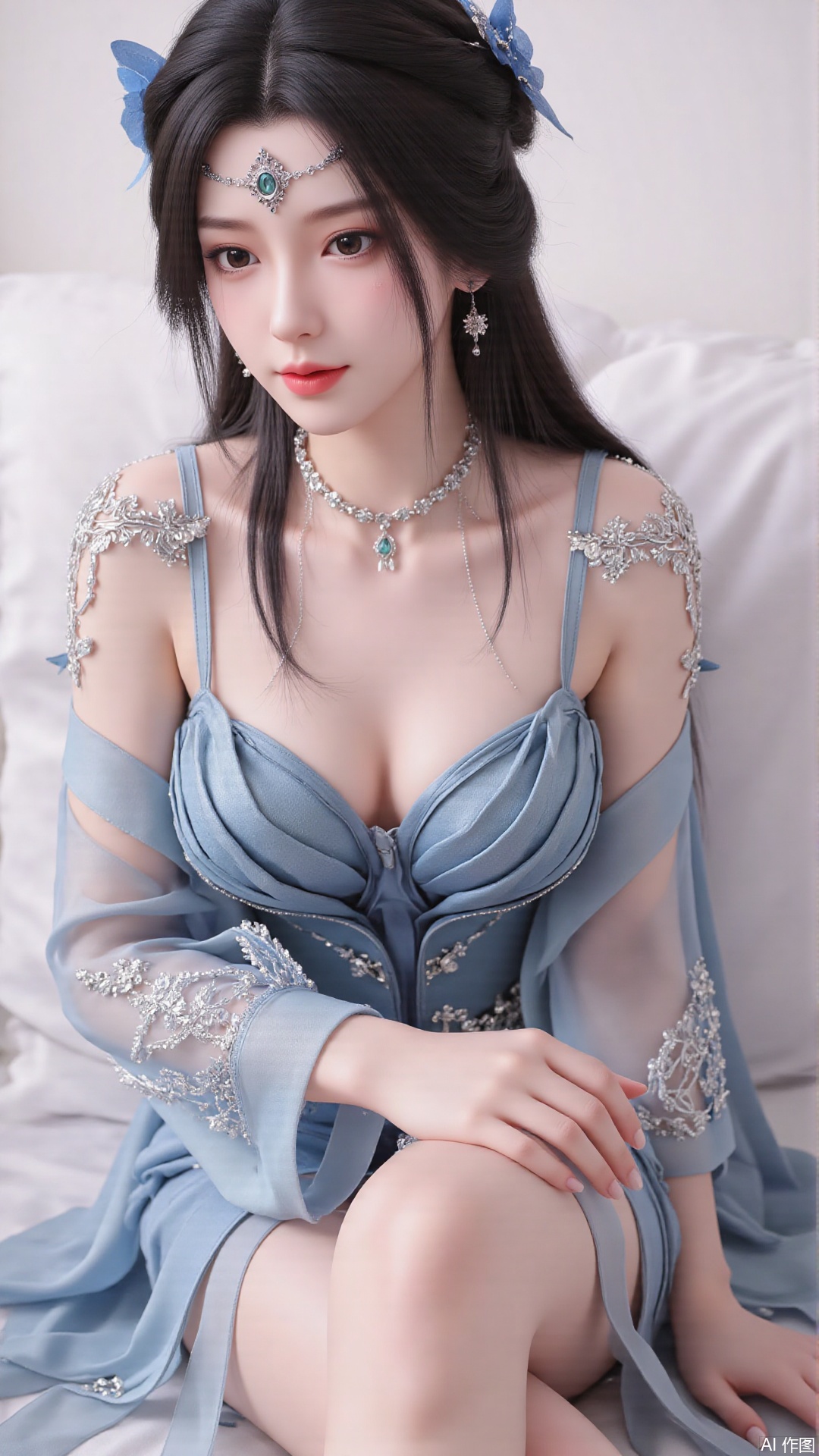 1girl, solo, long hair, looking at viewer, smile, sitting, collarbone, off shoulder, sweater, messy hair, realistic
