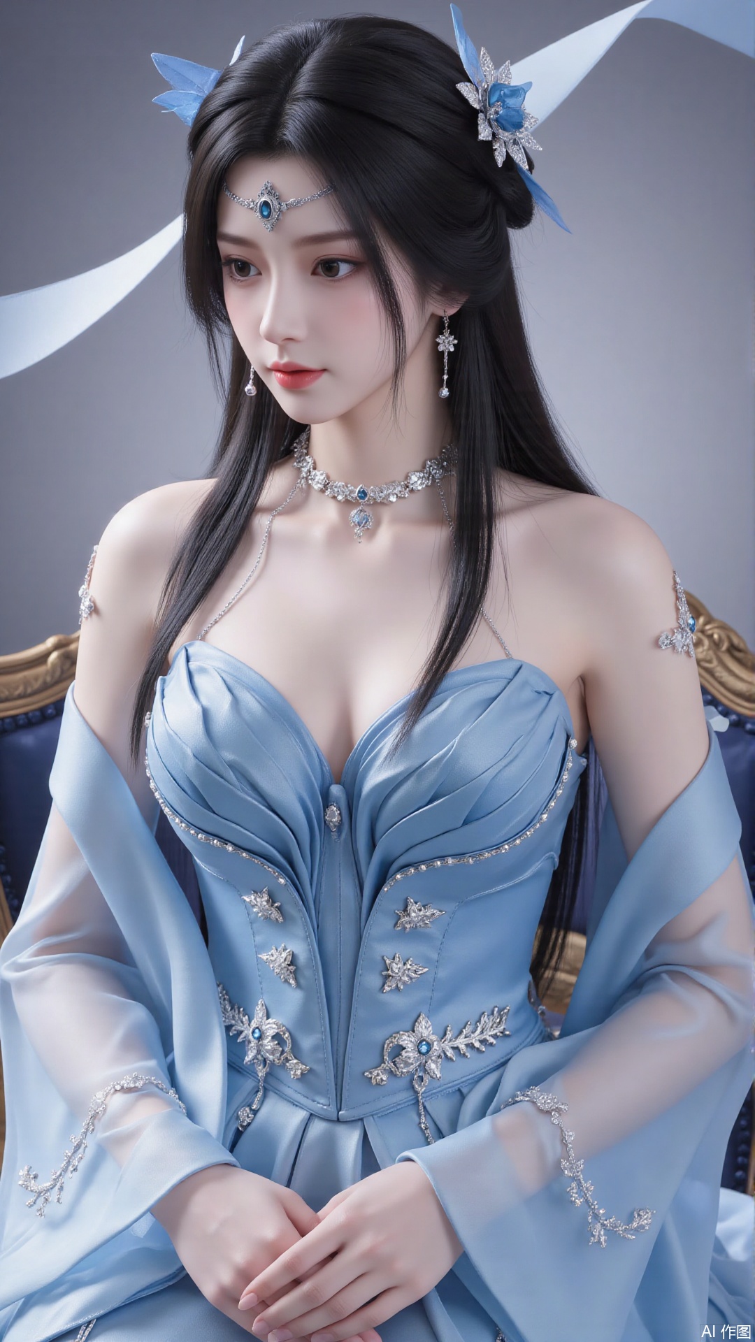 masterpiece,best quality,1girl, black hair, blue dress, long hair, hair ornament, jewelry, earrings, sitting