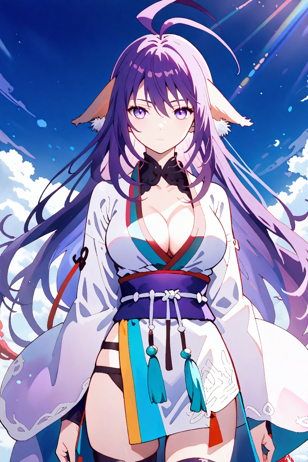 1girl, solo, animal ears, breasts, cleavage, long hair, ahoge, purple hair, japanese clothes, ,expressionless,arms at sides, antenna hair,masterpiece,best quality,official art,extremely detailed CG unity 8k wallpaper,uRandom scene,Thigh exposed,thighhighs,looking at viewer,