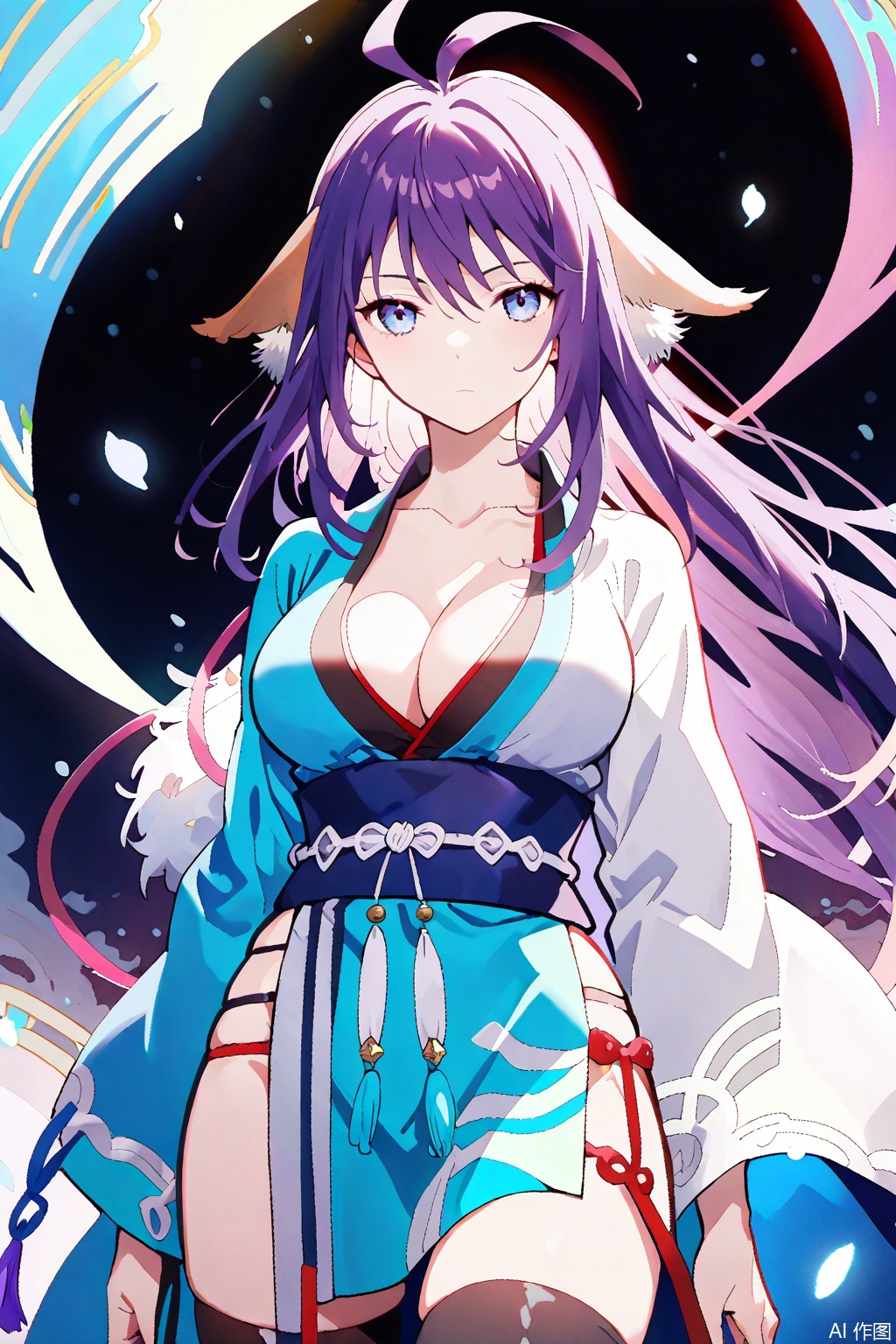 1girl, solo, animal ears, breasts, cleavage, long hair, ahoge, purple hair, japanese clothes, ,expressionless,arms at sides, antenna hair,masterpiece,best quality,official art,extremely detailed CG unity 8k wallpaper,uRandom scene,Thigh exposed,thighhighs,looking at viewer,