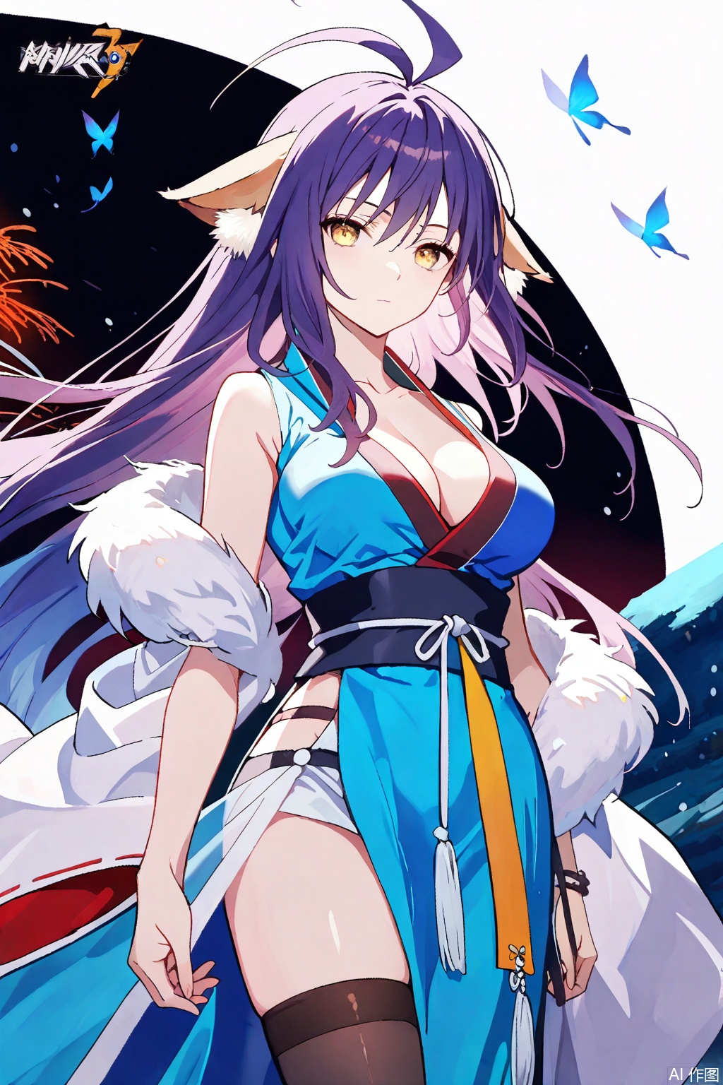 1girl, solo, animal ears, breasts, cleavage, long hair, ahoge, purple hair, japanese clothes, ,expressionless,arms at sides, antenna hair,masterpiece,best quality,official art,extremely detailed CG unity 8k wallpaper,uRandom scene,Thigh exposed,thighhighs,looking at viewer,