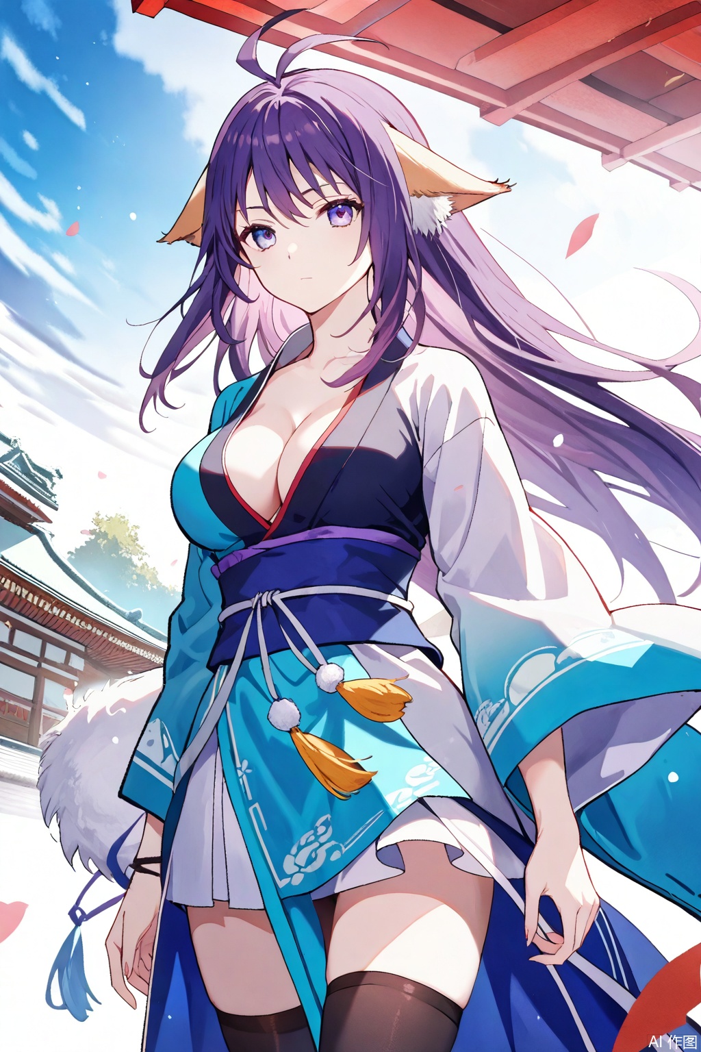 1girl, solo, animal ears, breasts, cleavage, long hair, ahoge, purple hair, japanese clothes, ,expressionless,arms at sides, antenna hair,masterpiece,best quality,official art,extremely detailed CG unity 8k wallpaper,uRandom scene,Thigh exposed,thighhighs,looking at viewer,