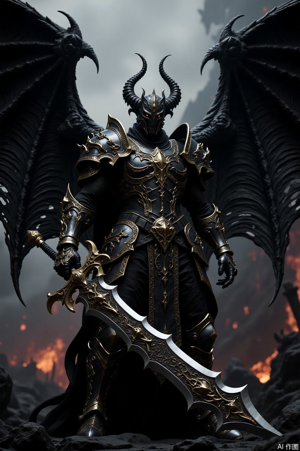 Super detailed, intricate details, demon general, huge black demon wings spread out, huge ornate sword, posing to stand, exquisite armor, Berserker helmet, super detailed armor texture, gothic style, hell battlefield, dark aesthetics, industrial-grade details, movie-grade lighting, 8k resolution,em,